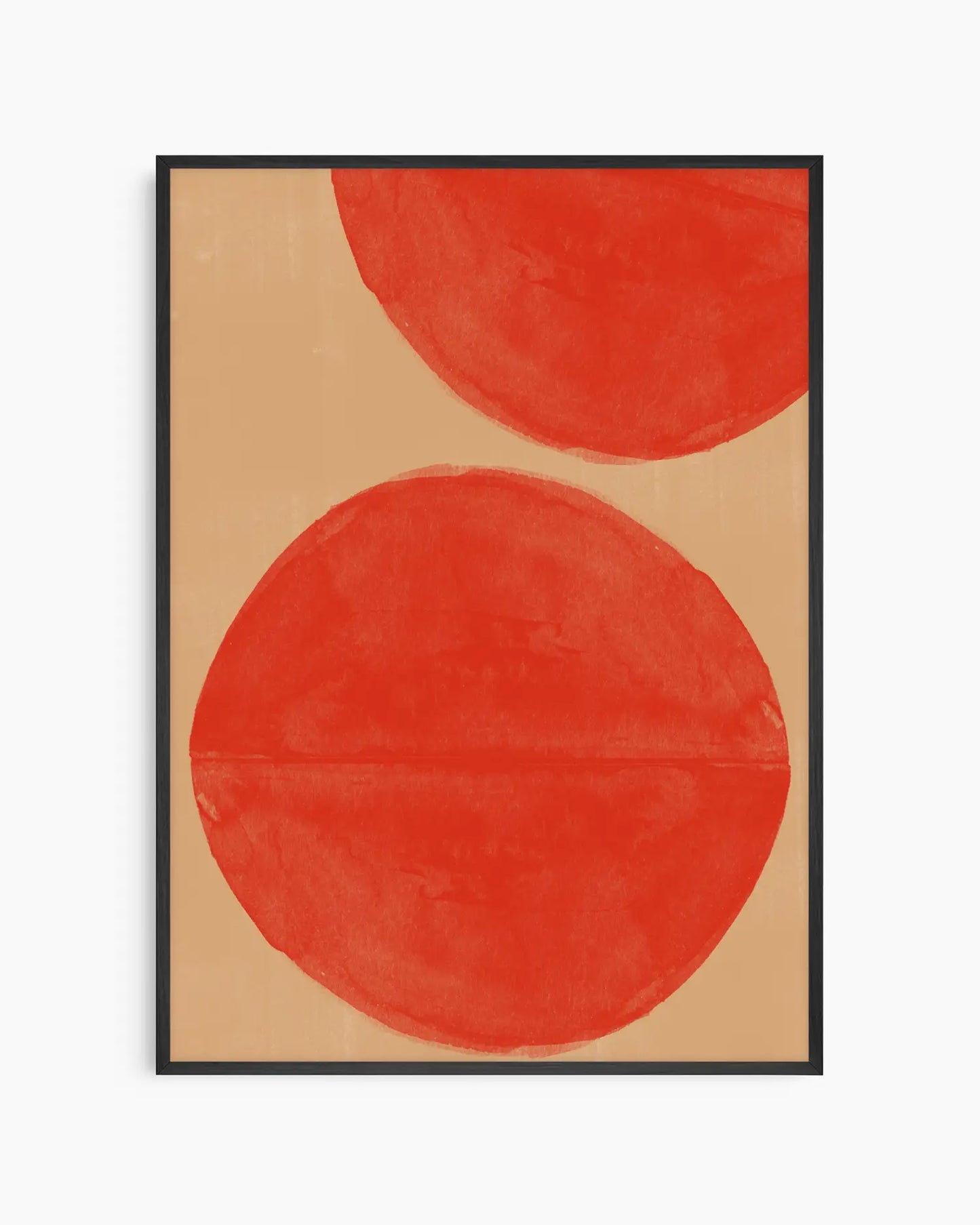 Warm, minimalist wall art in bright red tones on a bright red background, shown in a black frame.