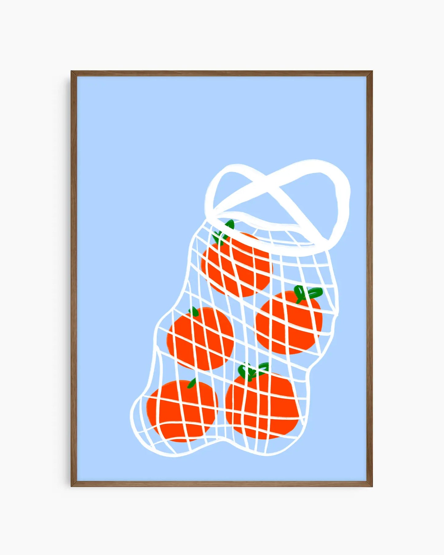 Framed artwork of tomatoes in a mesh on a light blue background