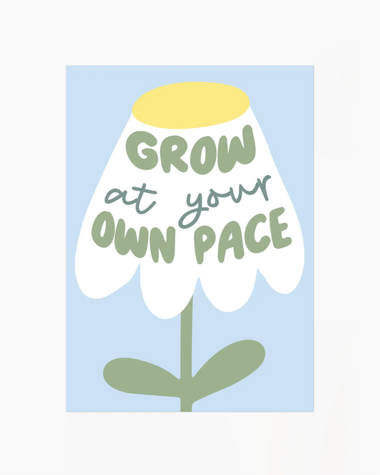 Flower illustration with 'Grow at your own pace' text on a light blue background
