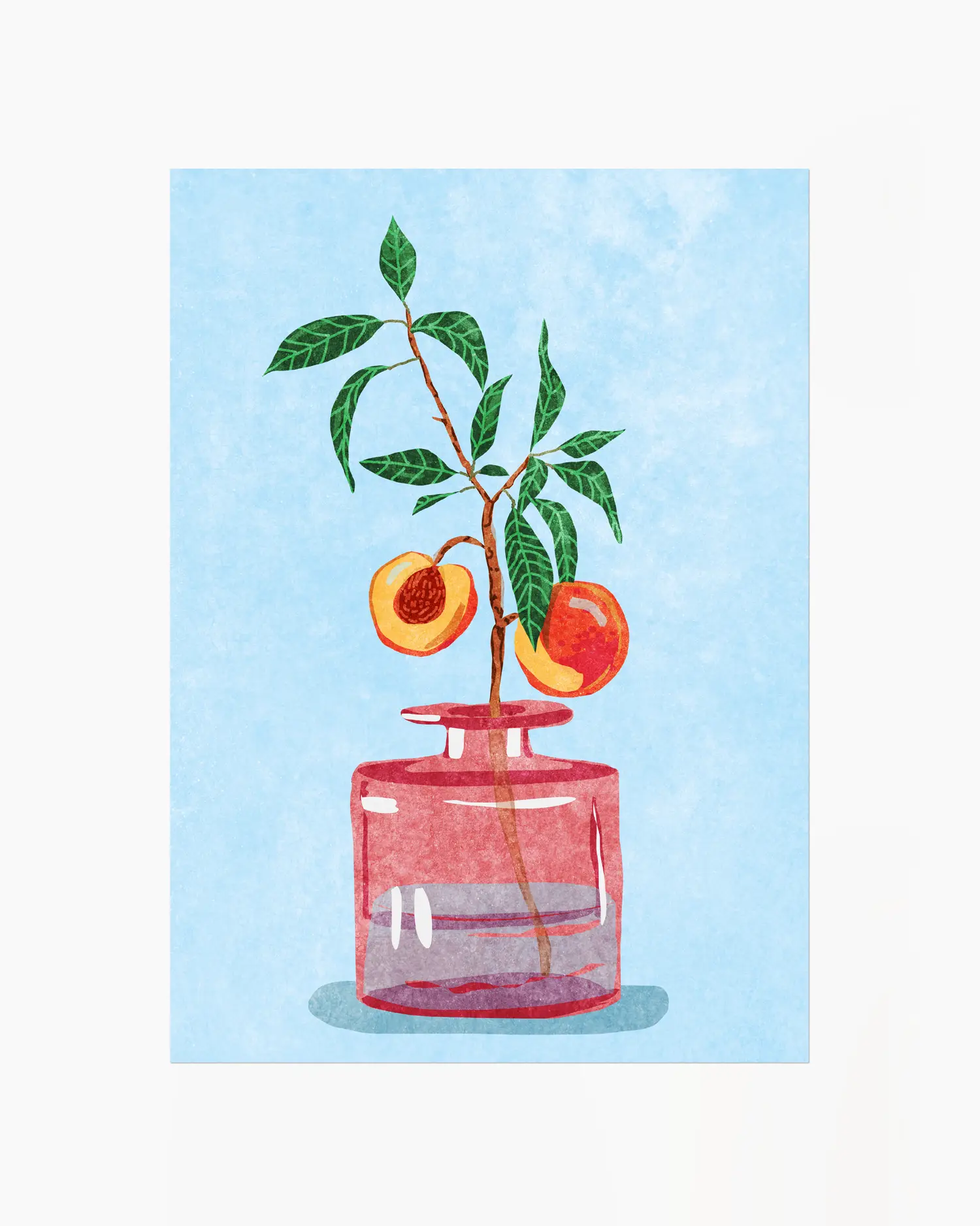 Illustration of a peach branch in a pink vase against a light blue background
