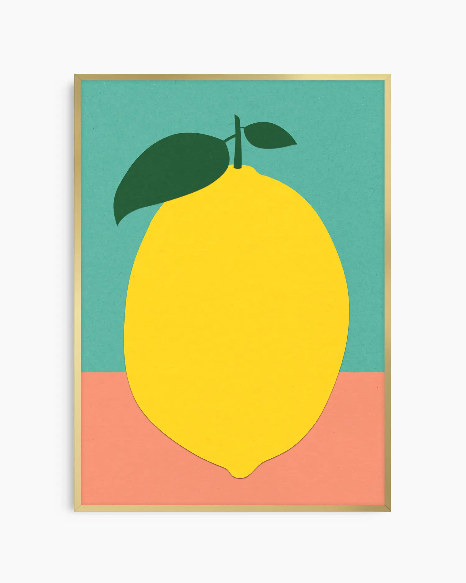 Framed artwork of a yellow lemon with green leaves on a teal and pink background