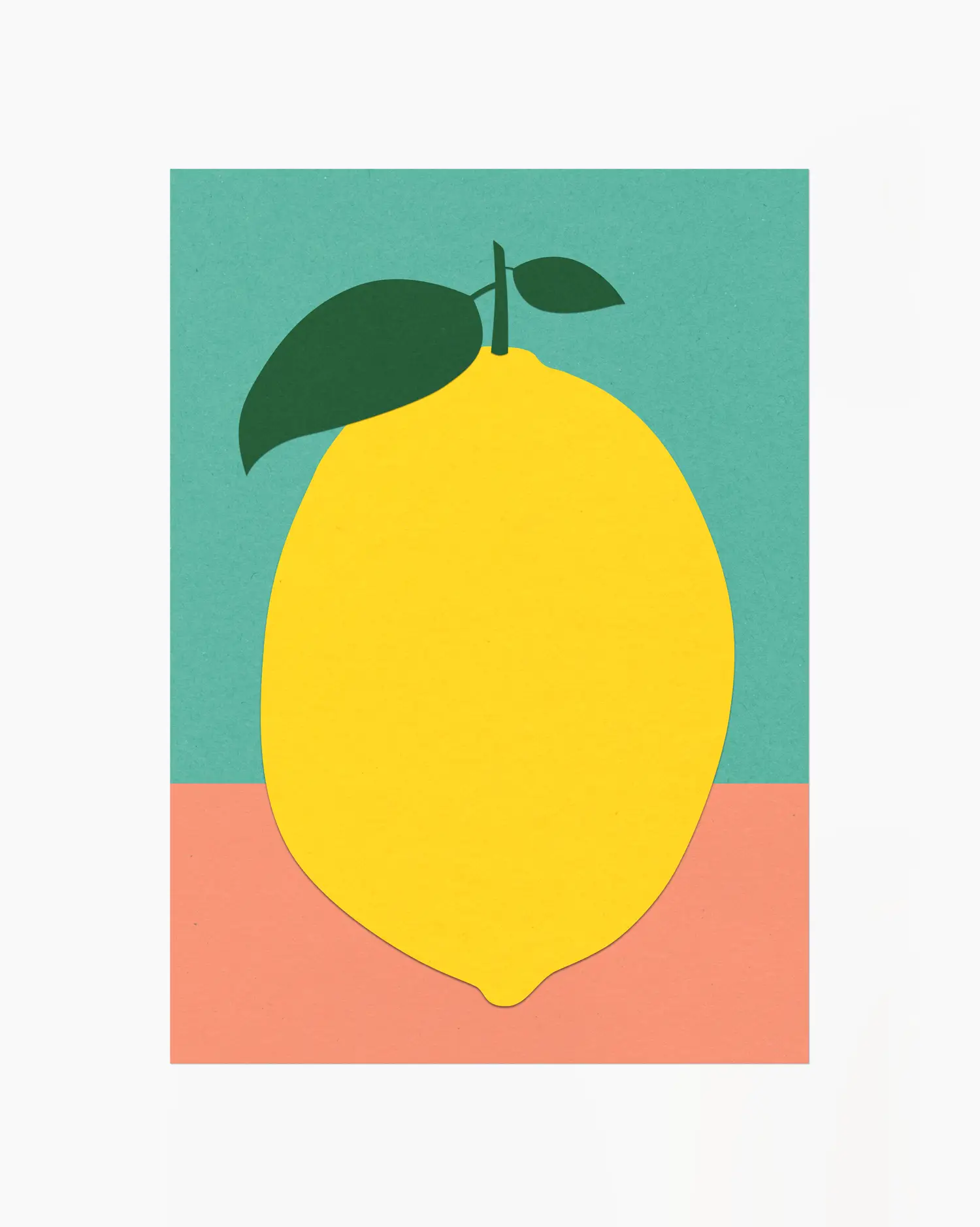 Yellow lemon with green leaves on a teal and pink background