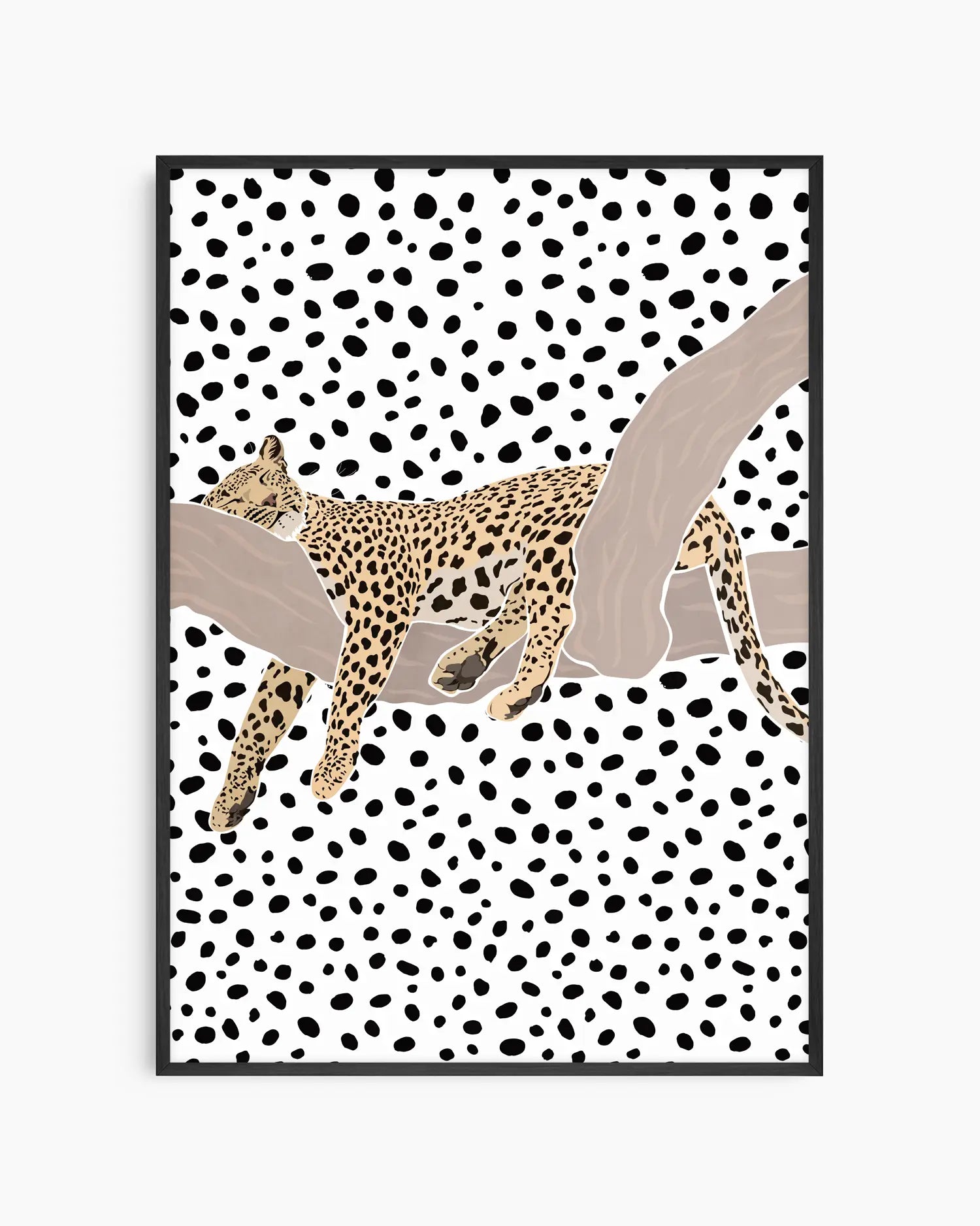 Framed artwork of a leopard on a polka dot background