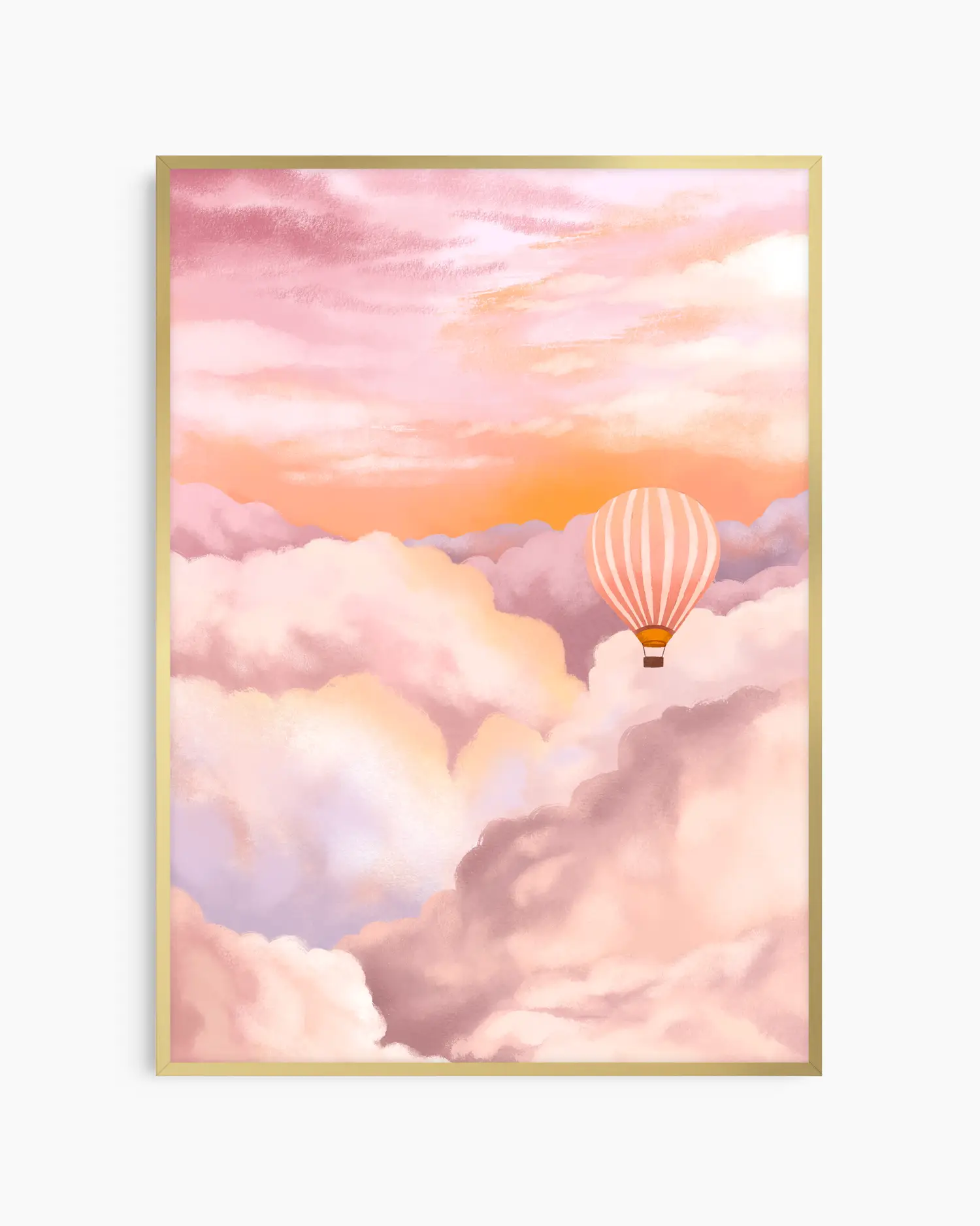 Framed artwork of a hot air balloon in a pink and orange sky with clouds.