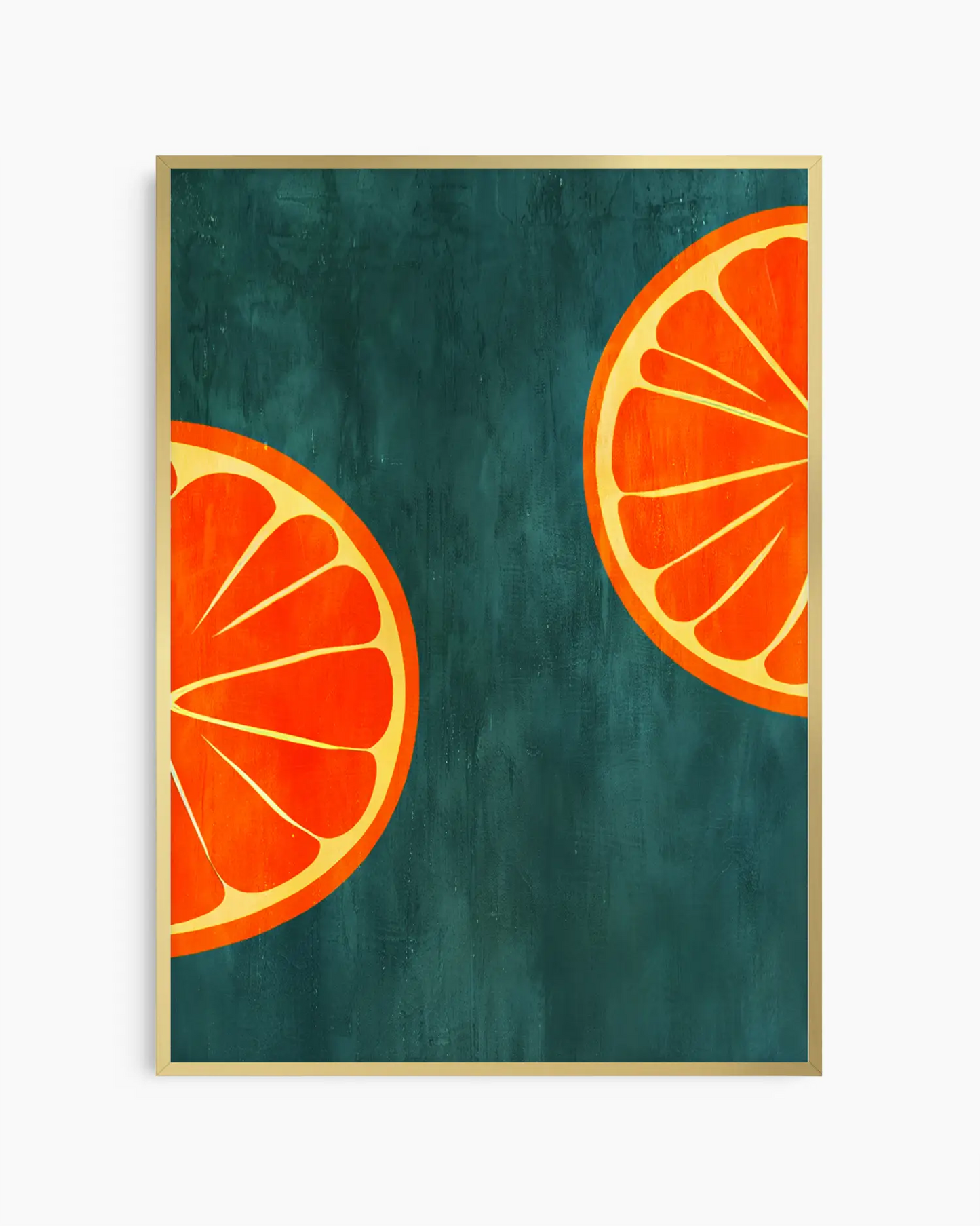 Framed artwork with two orange slices on a teal background