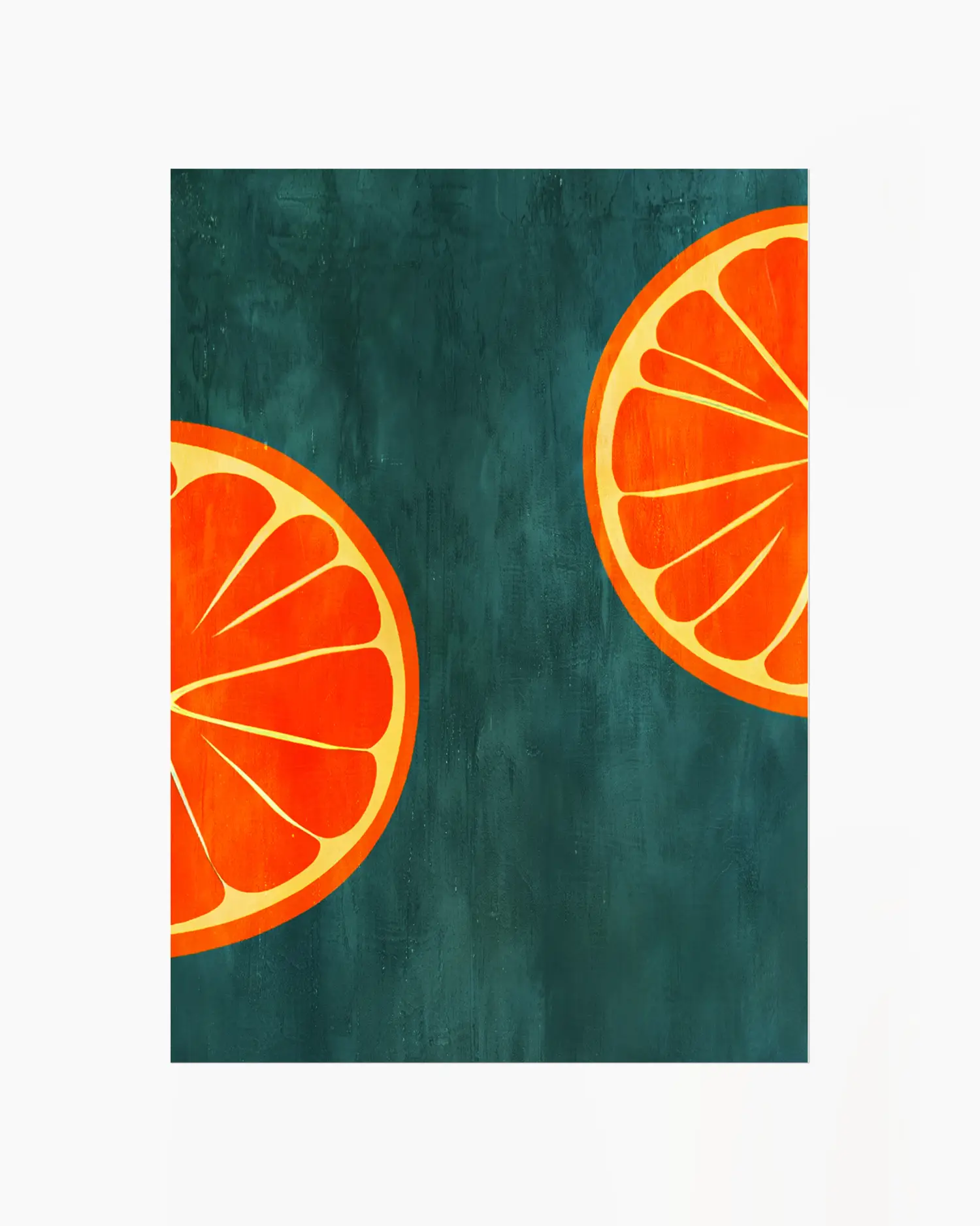 Two orange slices on a teal background