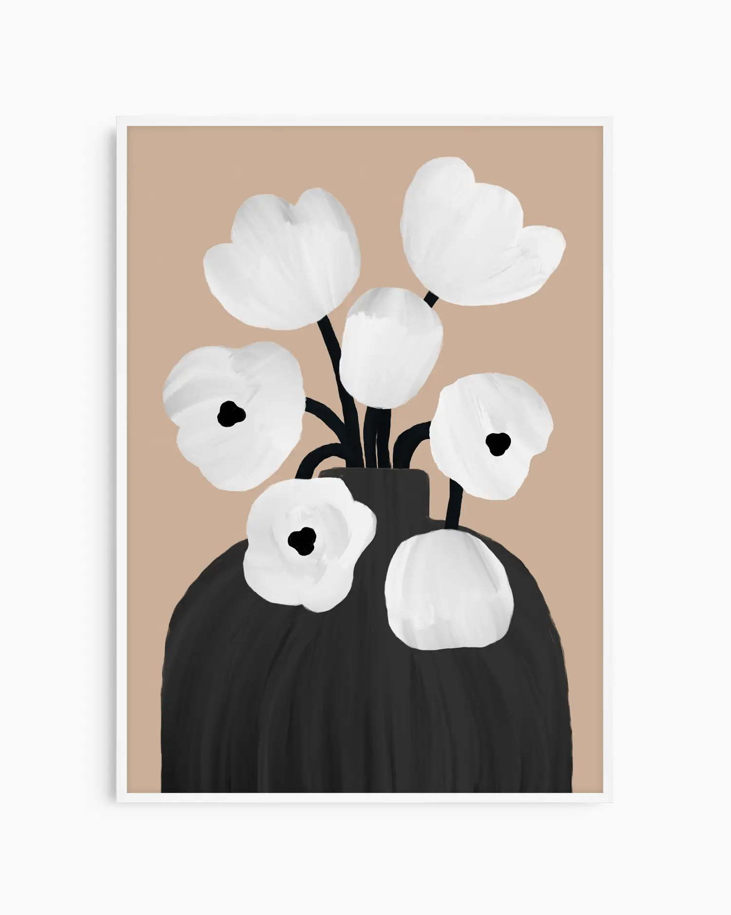 Art print of a black vase with white flowers on a beige background