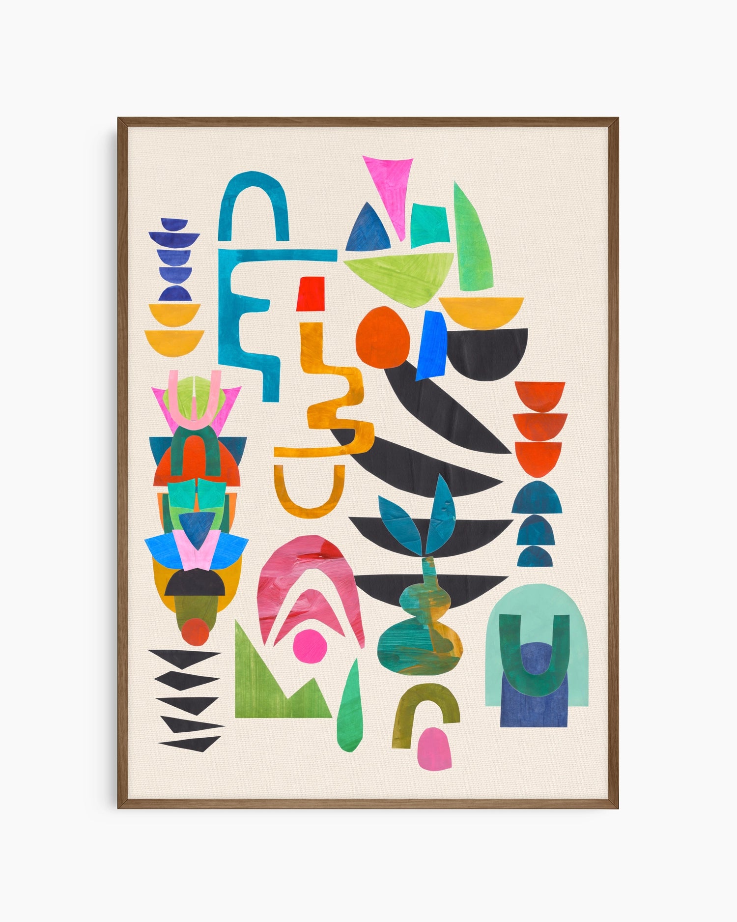 Framed abstract artwork with colorful geometric shapes on a beige background