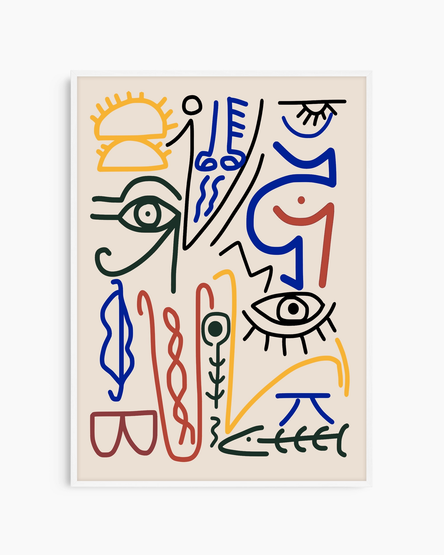 Abstract artwork with colorful lines and shapes on a beige background