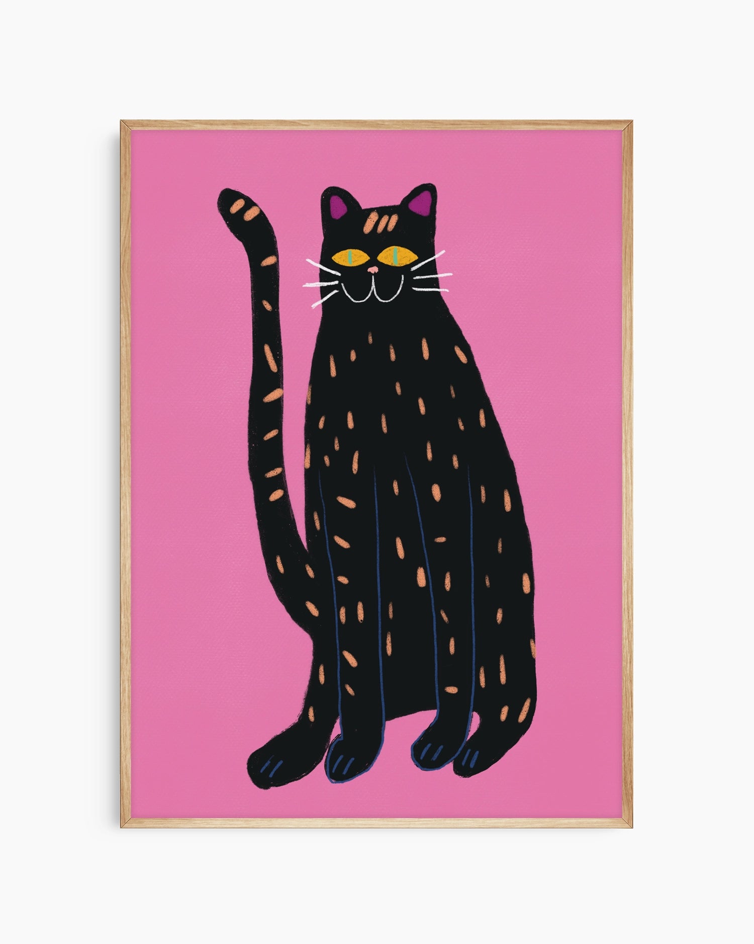 Framed artwork of a black cat with orange spots on a pink background