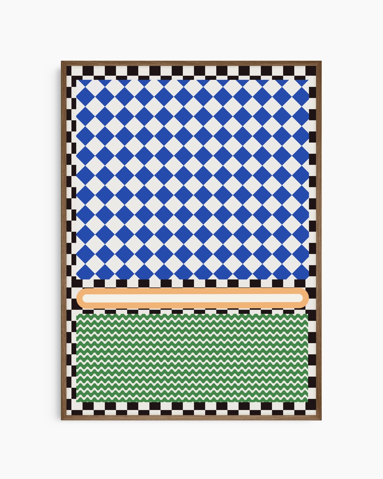 Decorative wall art with blue and white checkered pattern, brown stripe, and green zigzag pattern.