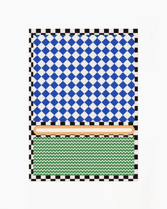 Checkered pattern with blue, white, and green sections on a white background