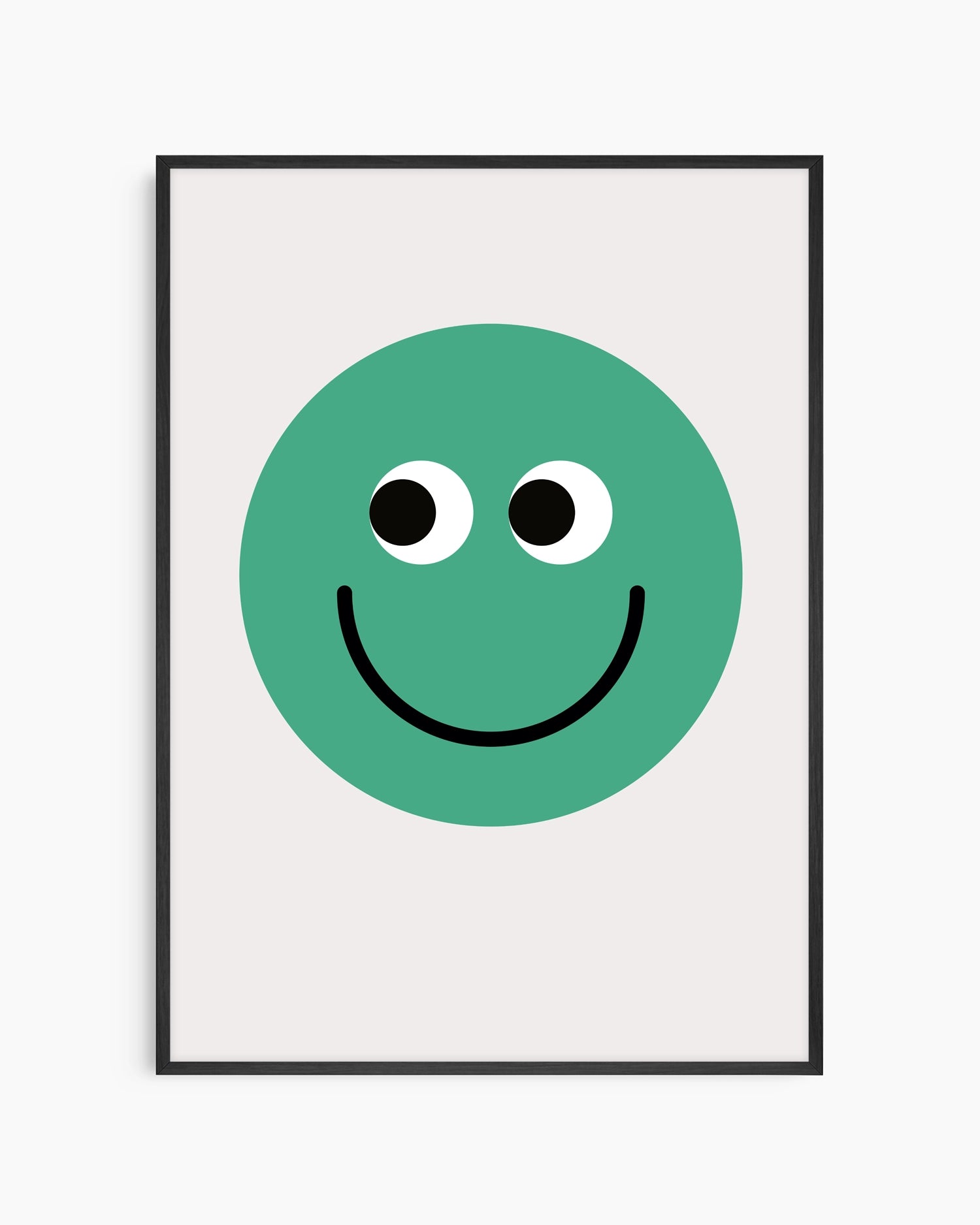 Framed poster with a green smiley face design on a white background
