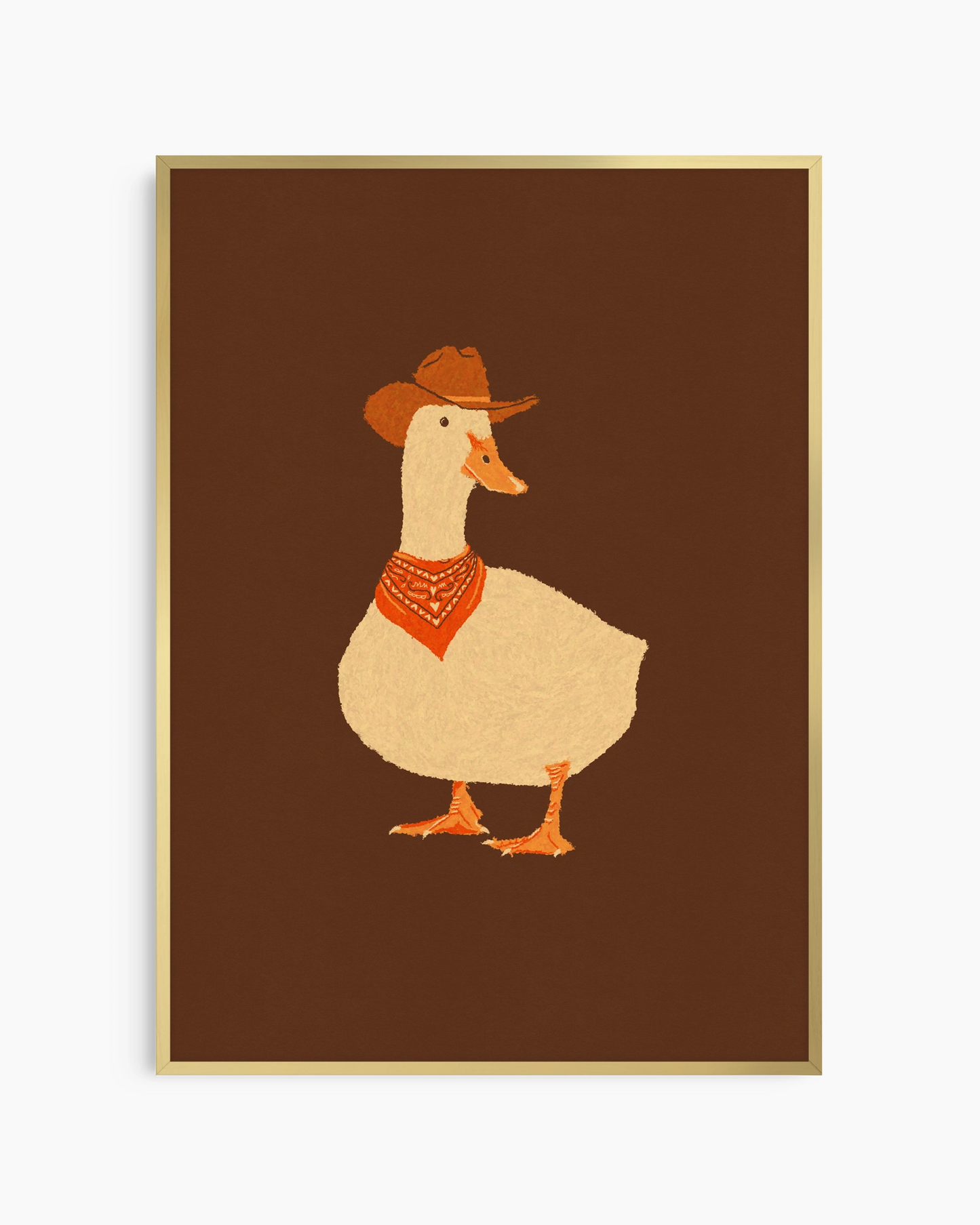 Framed artwork of a duck wearing a cowboy hat and bandana on a brown background
