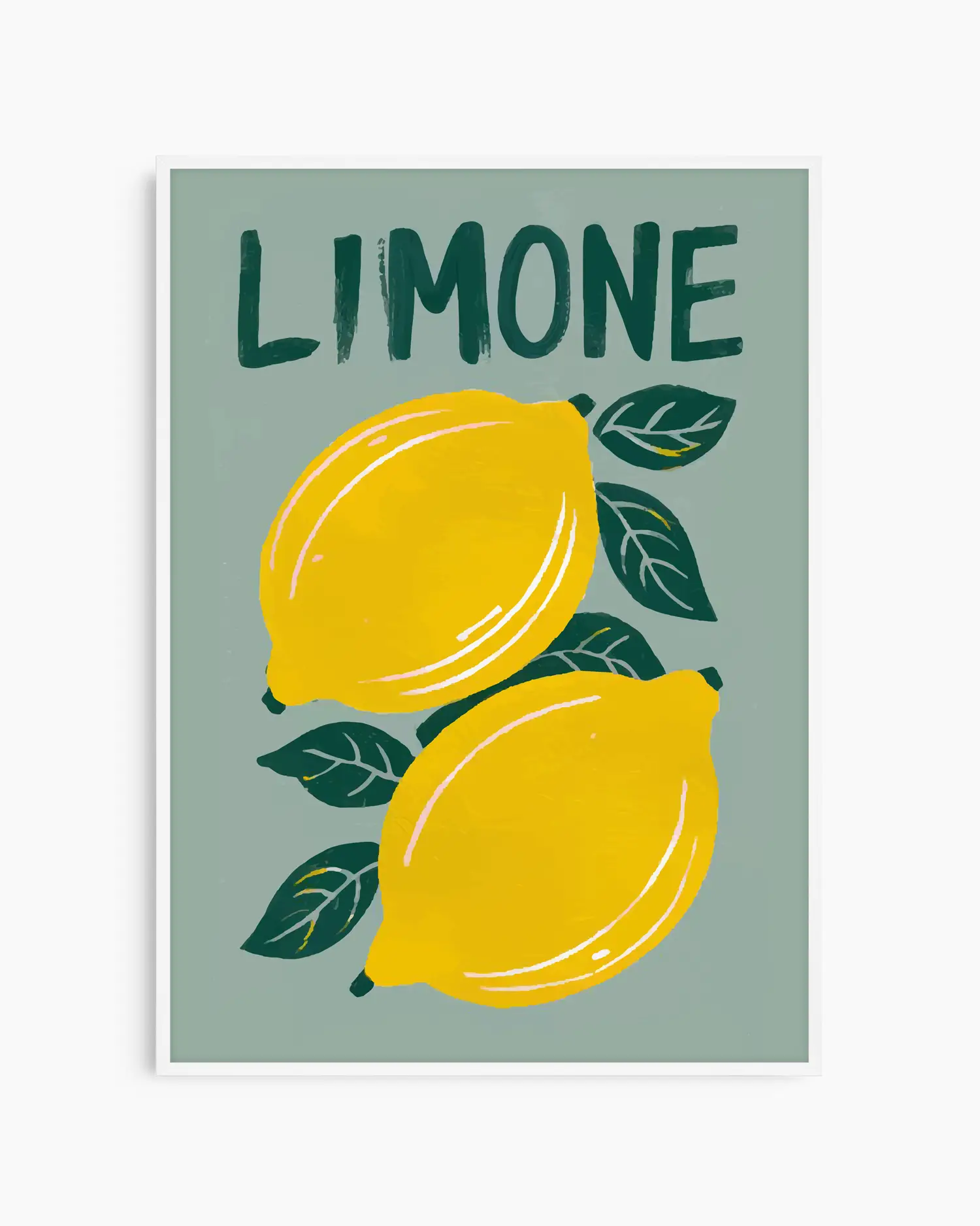 Nursery artwork with two lemons and the word 'LIMONE' on a light green background, mounted inside of a white wooden frame.