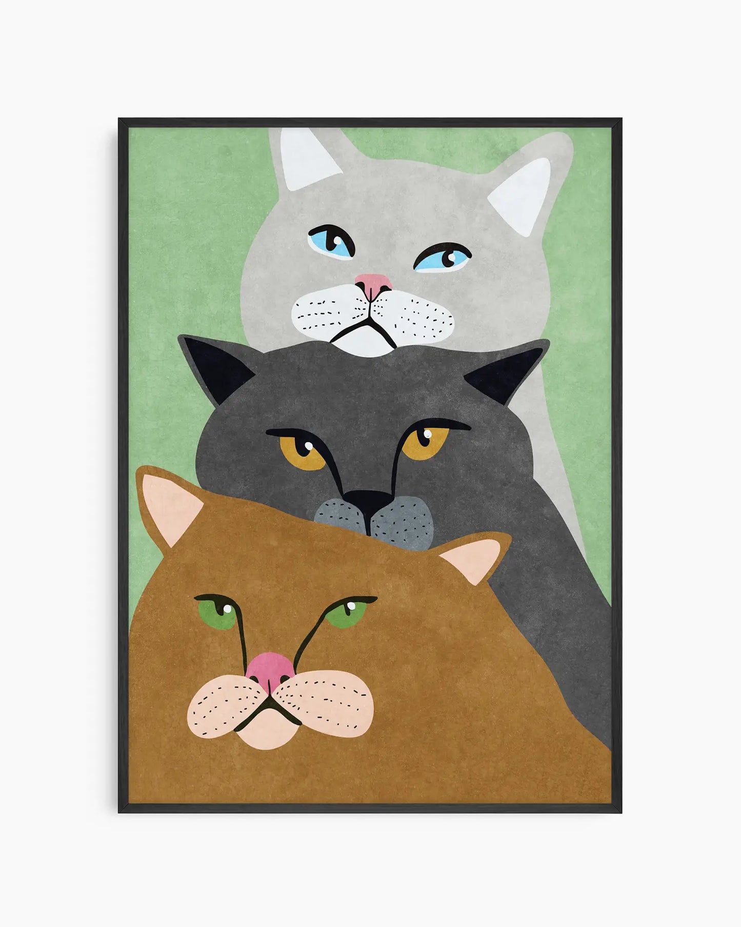 Framed artwork of three cats with different colors and expressions on a green background.