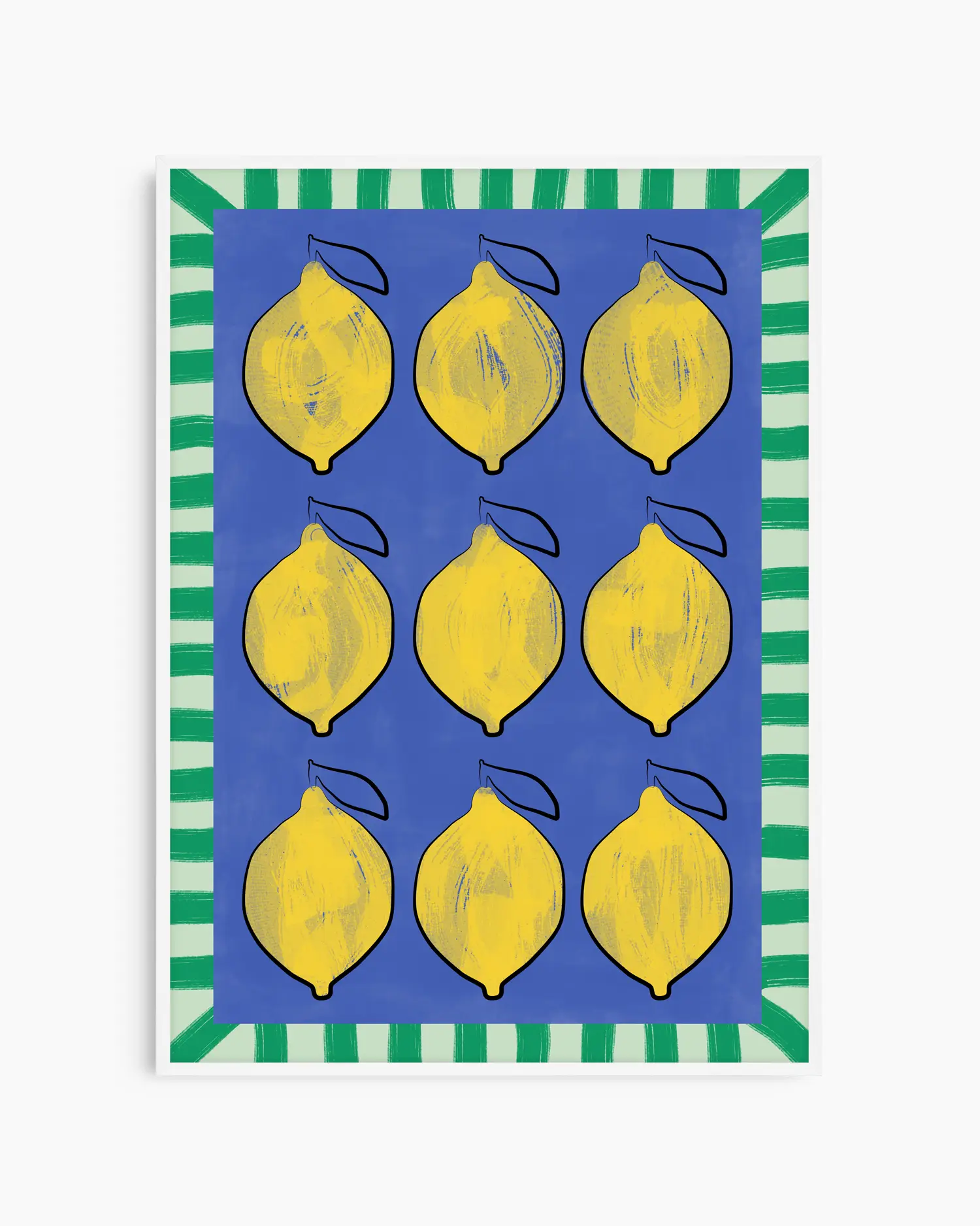 Poster with yellow lemon illustrations on a blue background with green and white striped border