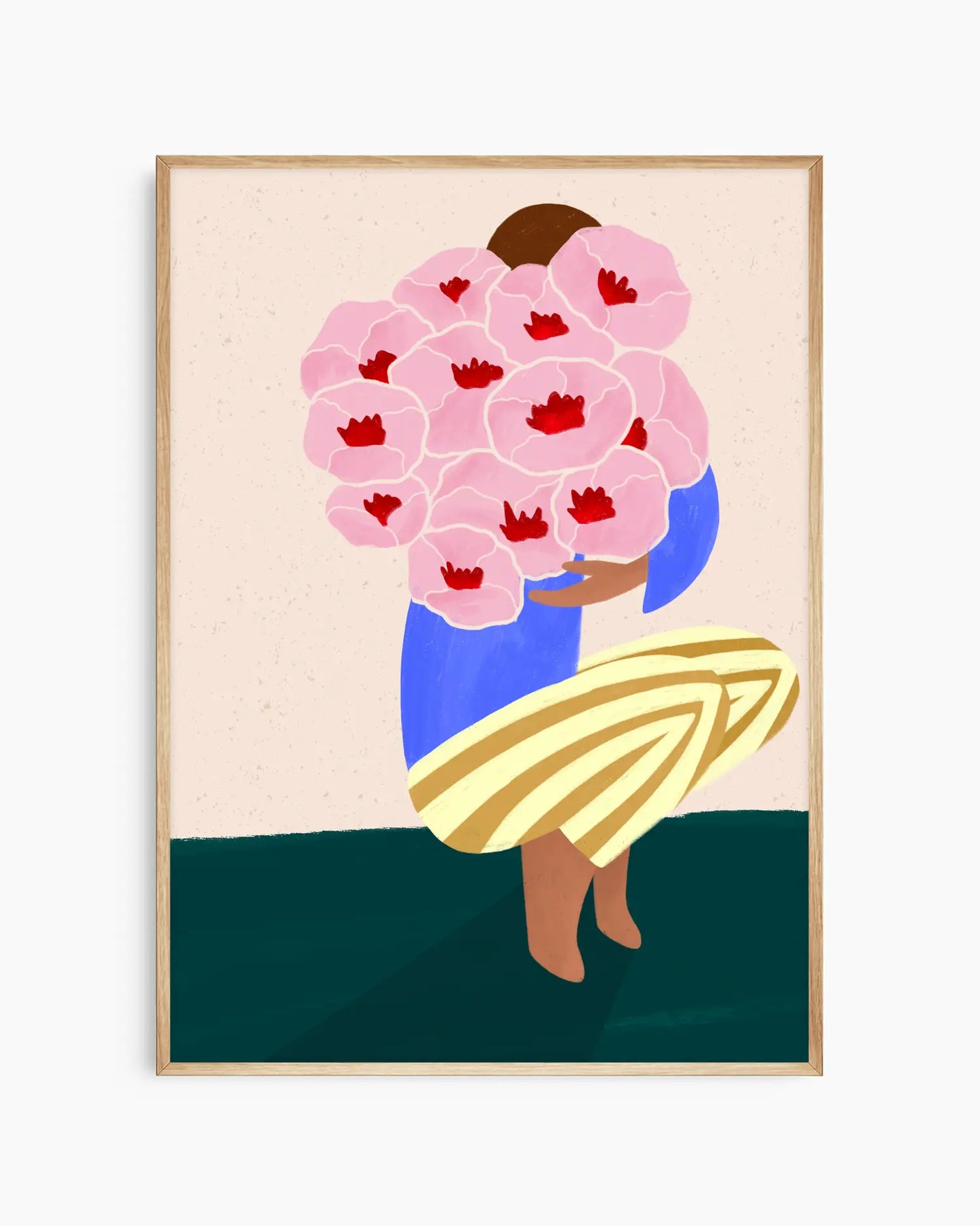 Framed artwork of a person holding pink flowers with red centers on a beige background