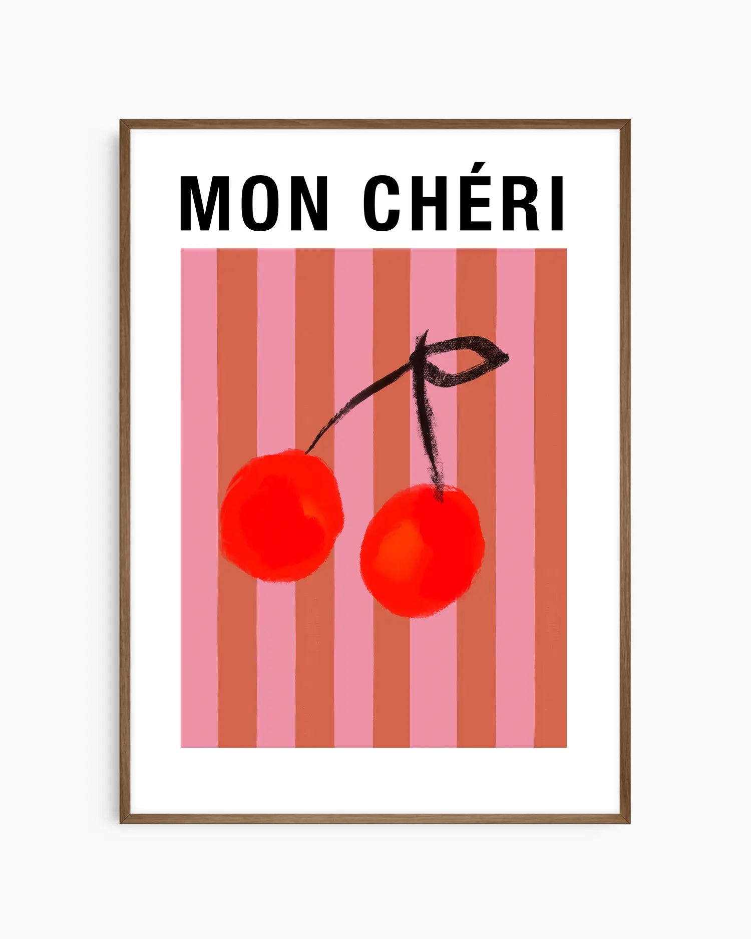 Framed artwork with two red cherries and 'MON CHÞri' text on a striped background
