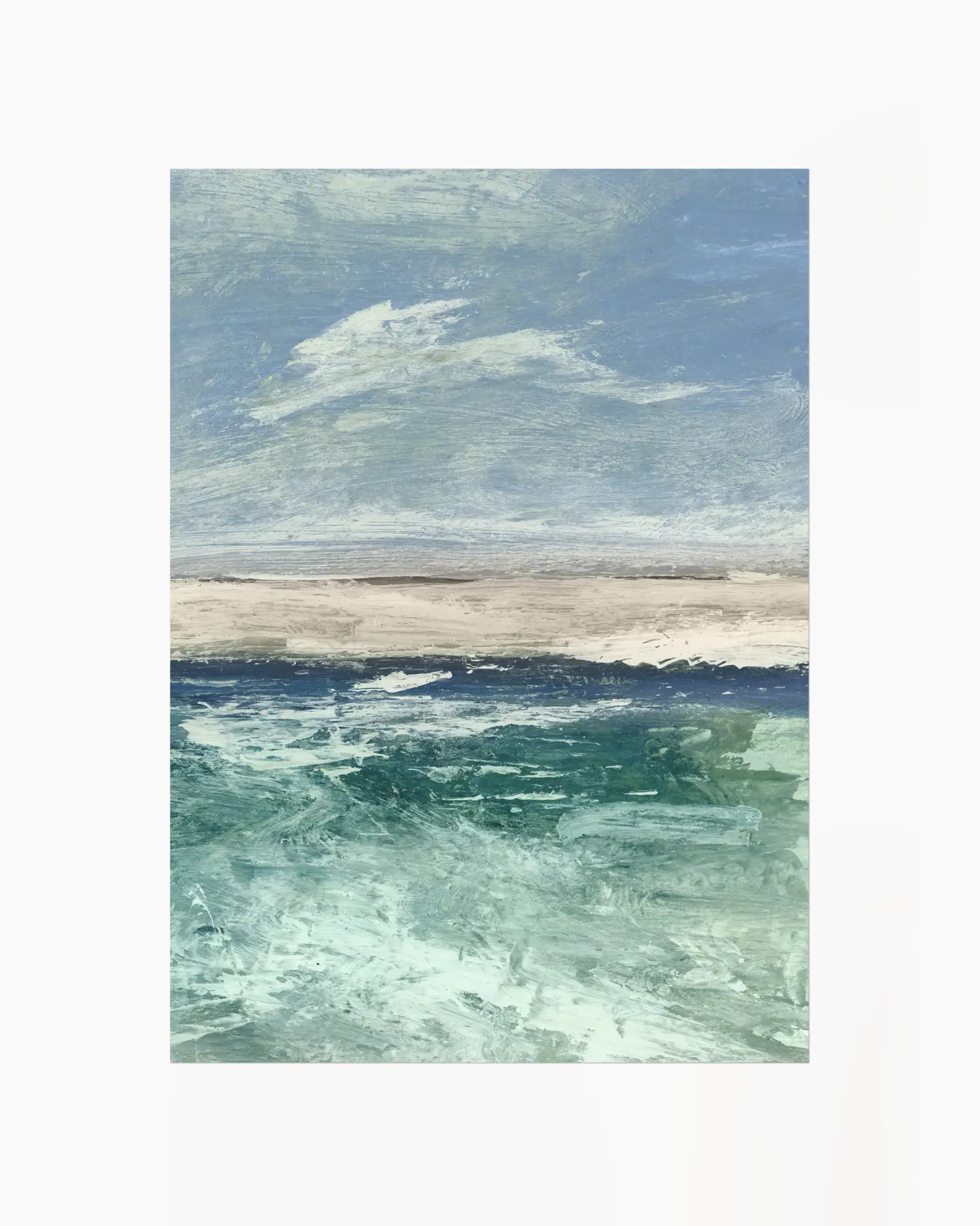 Art print of a coastal scene with blue sky, white clouds, and greenish-blue water.