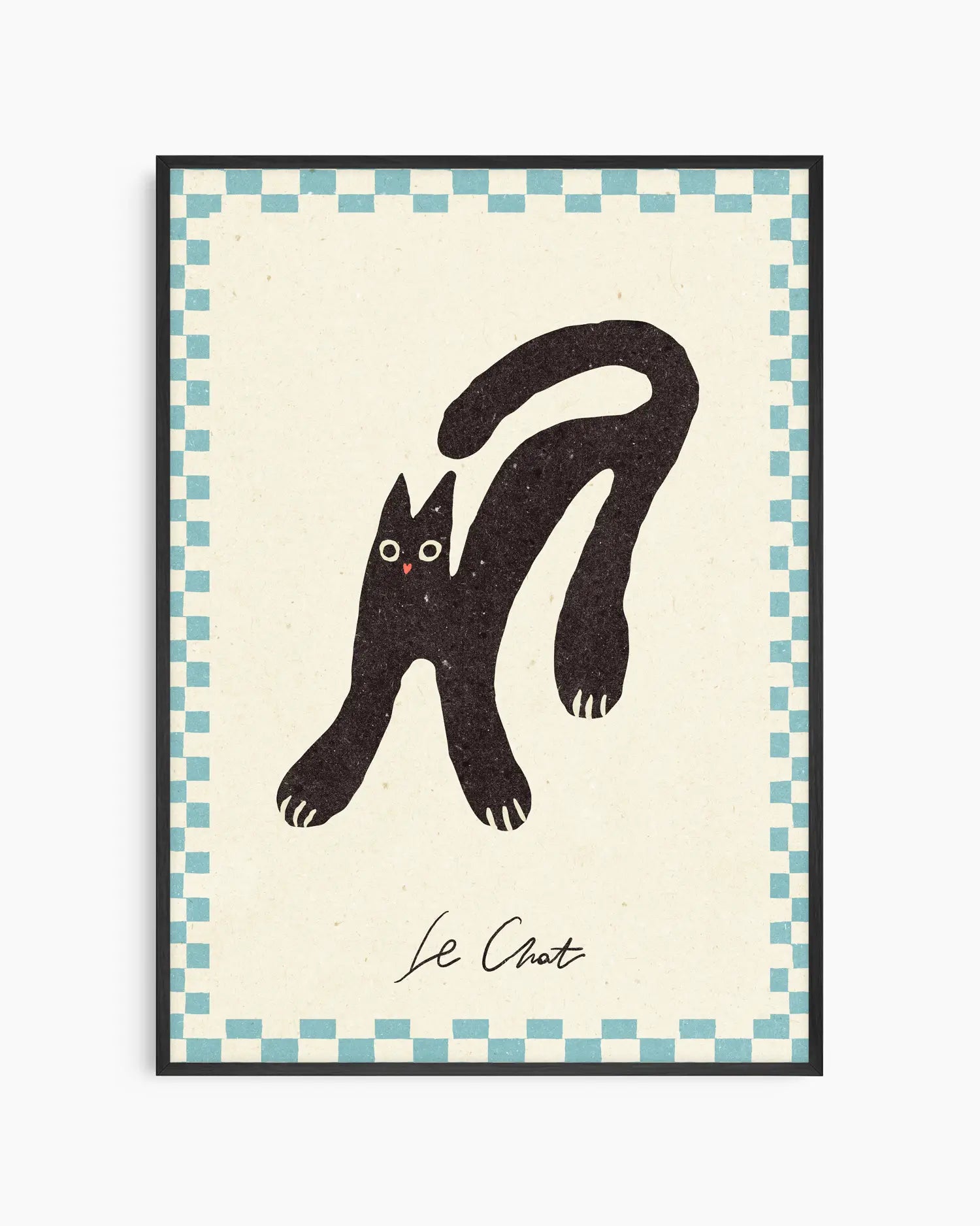 Framed artwork of a black cat illustration with 'Le Chat' text on a checkered border.