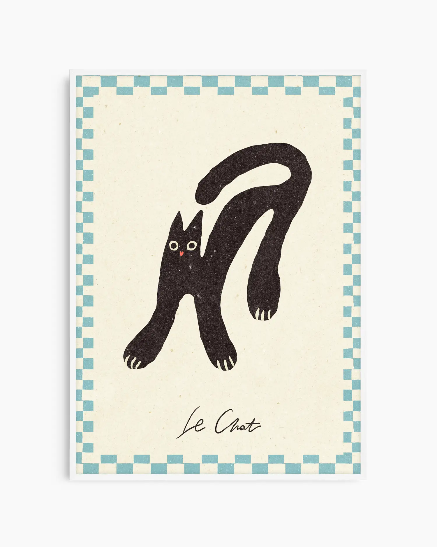 Illustration of a black cat on a beige background with a blue checkered border