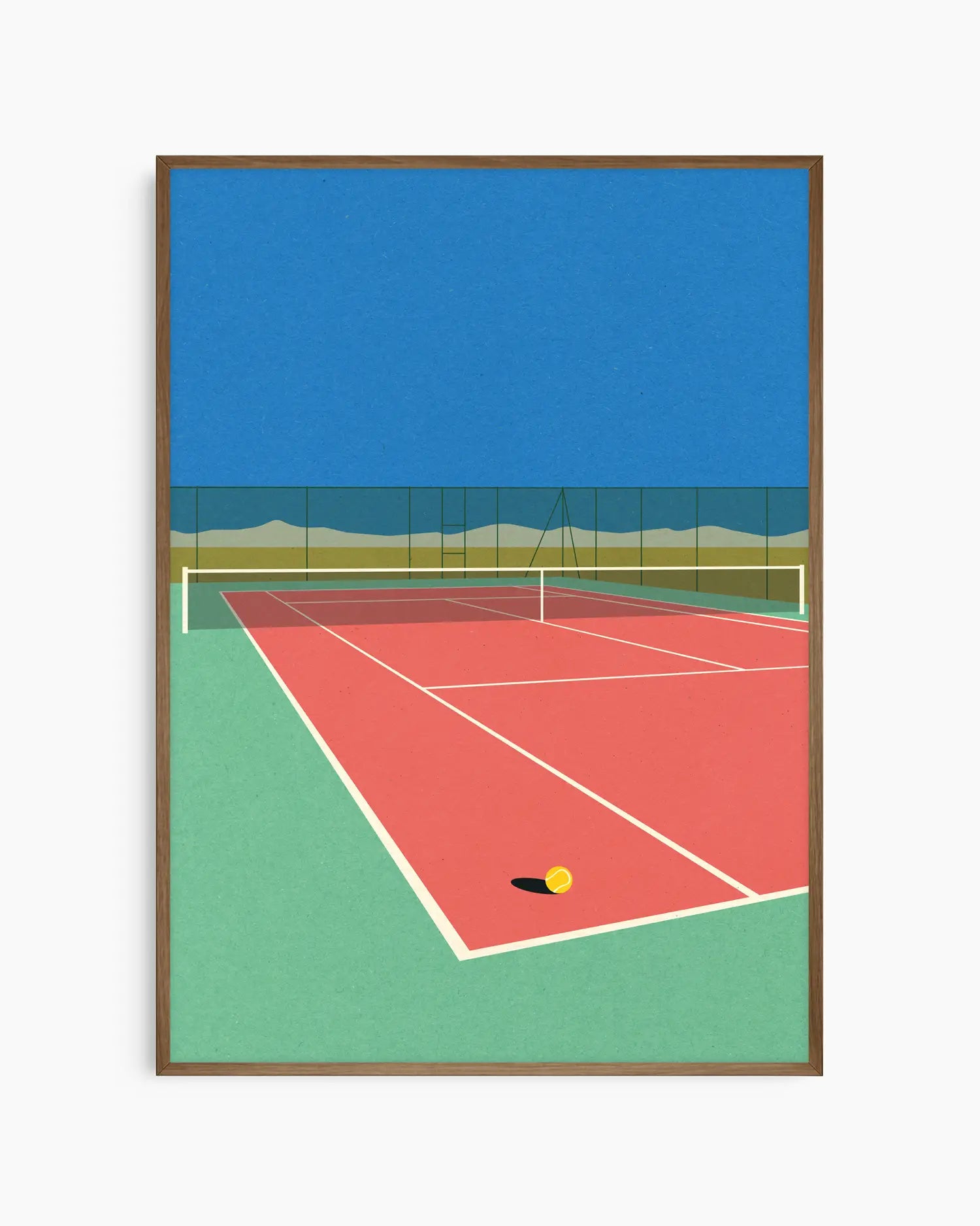 Framed artwork of a tennis court with a blue sky and green and red court.