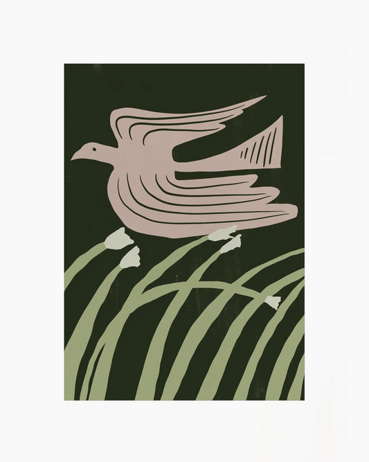 Decorative card with a stylized dove and grass design on a dark green background