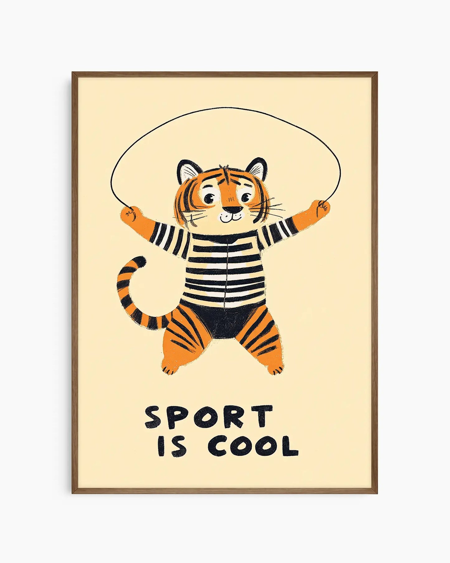 Framed artwork of a tiger character with a skipping rope and 'Sport is Cool' text on a beige background.