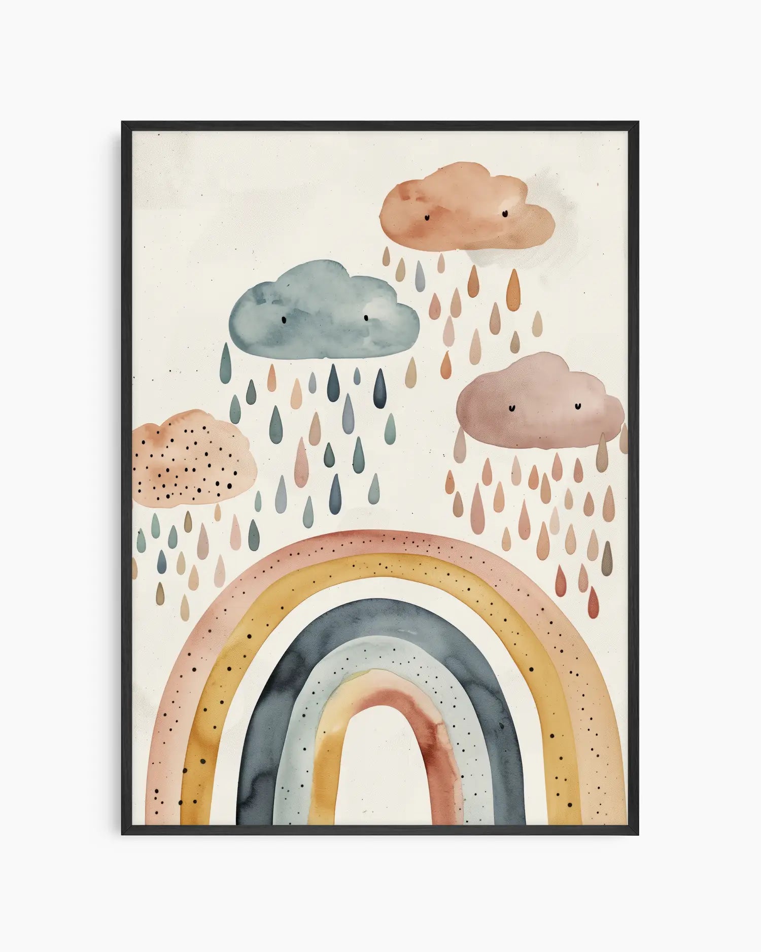 Framed artwork with a rainbow and clouds on a white background