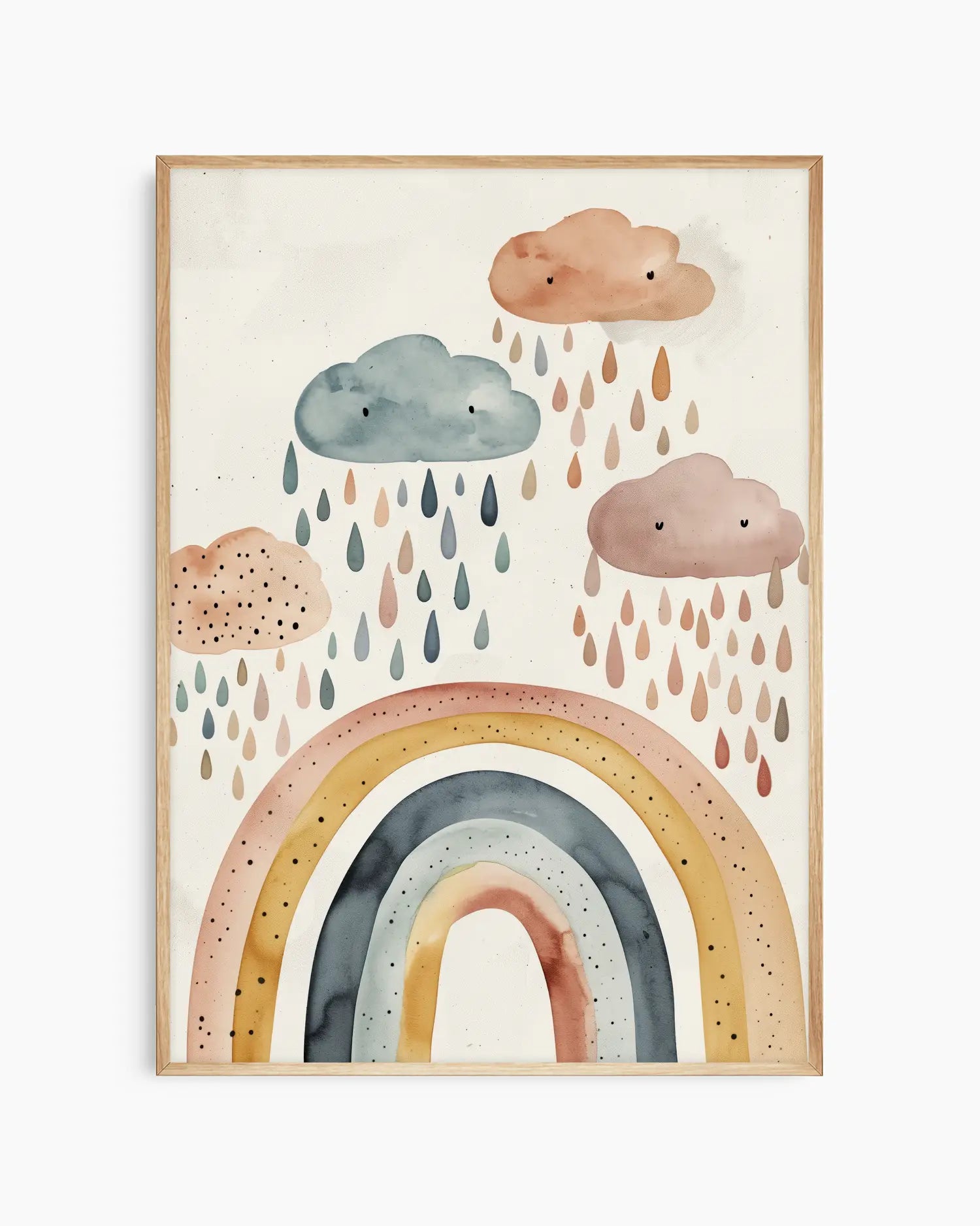 Framed artwork with colorful clouds and rainbow on a white background