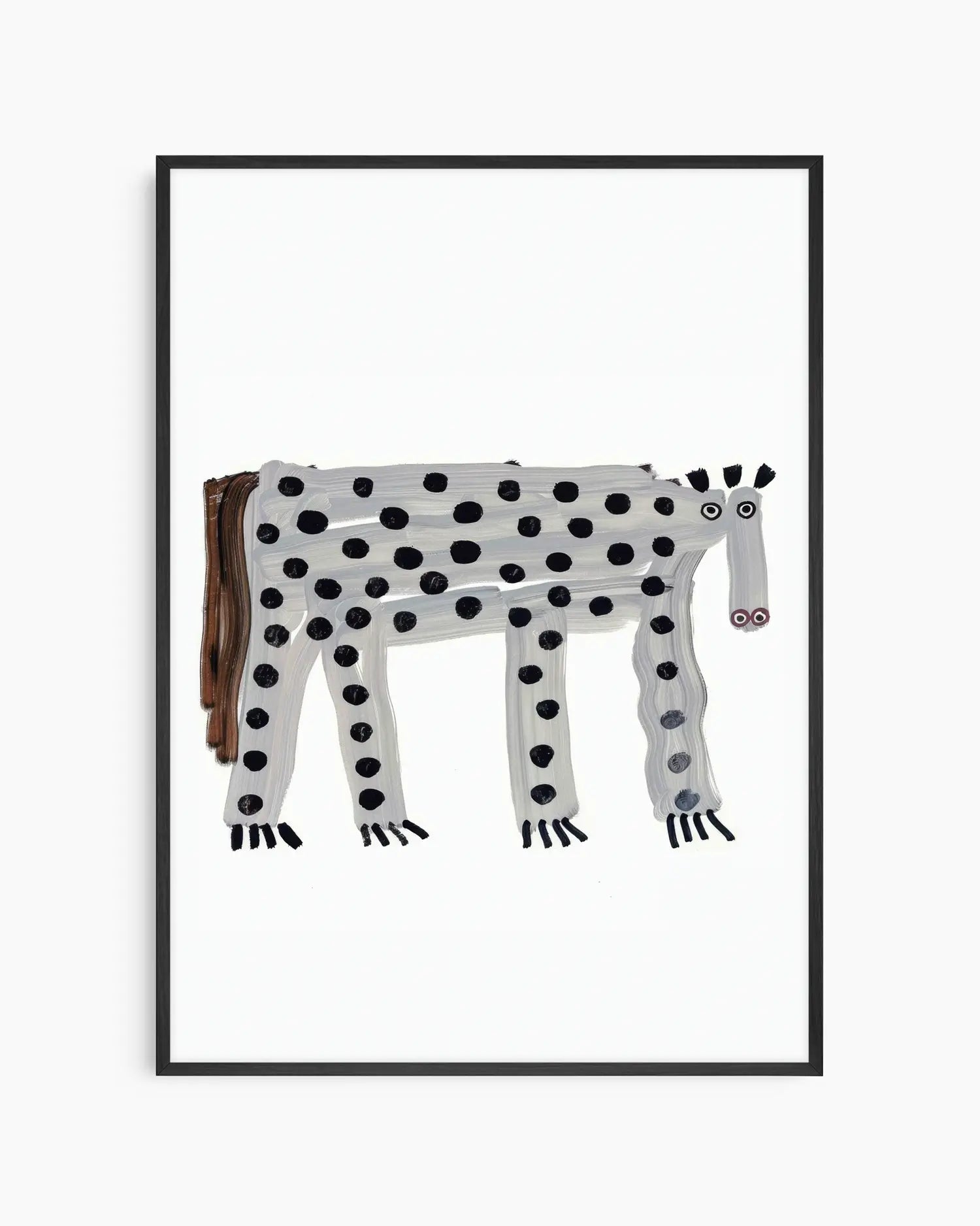 Framed artwork of a spotted animal on a white background