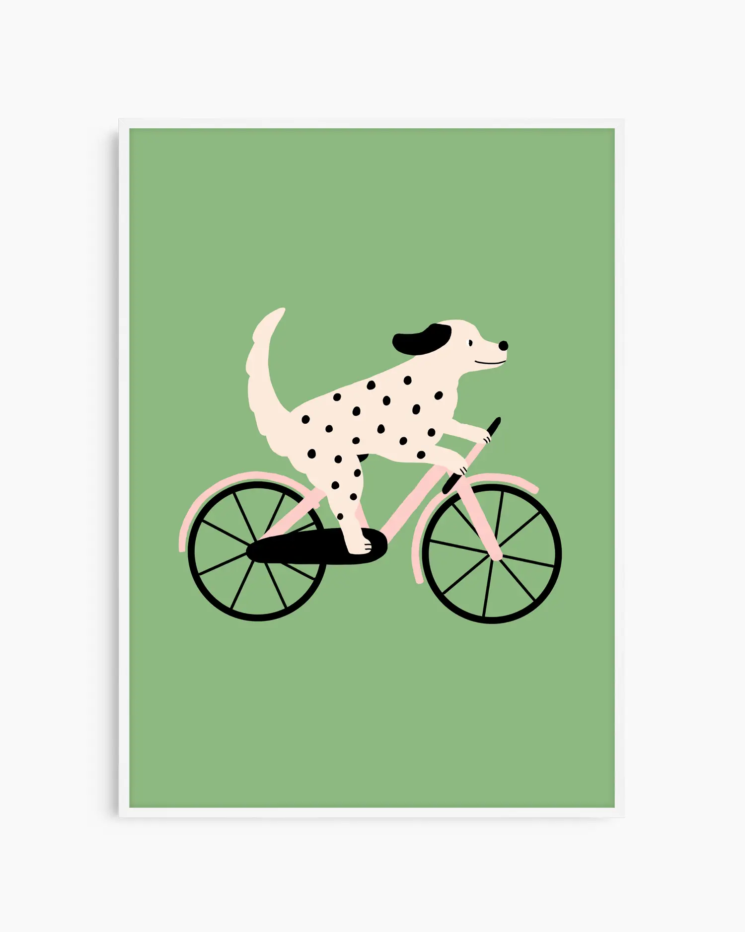 Illustration of a Dalmatian dog riding a bicycle on a green background