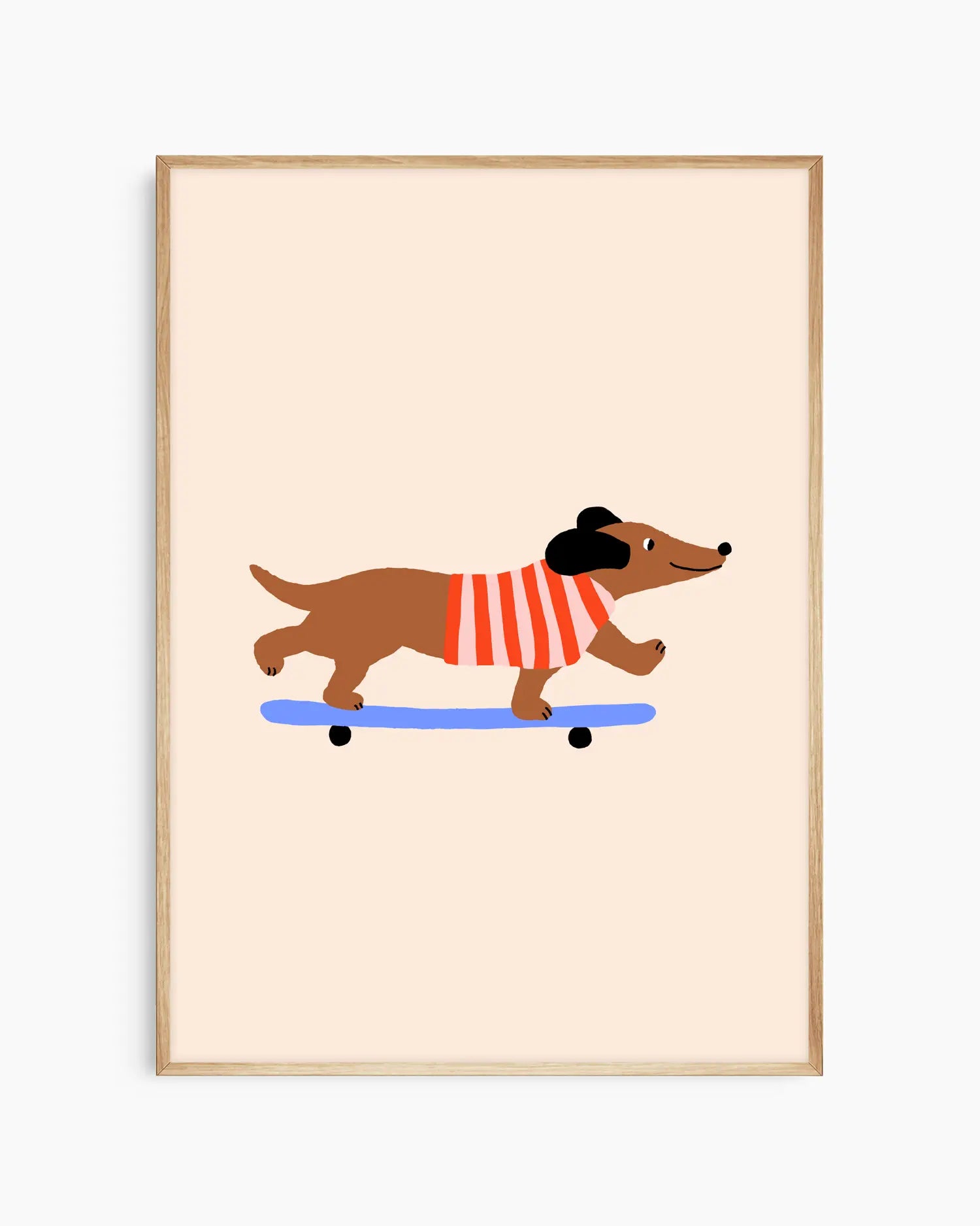 Framed artwork of a dachshund on a skateboard with a red sweater against a beige background