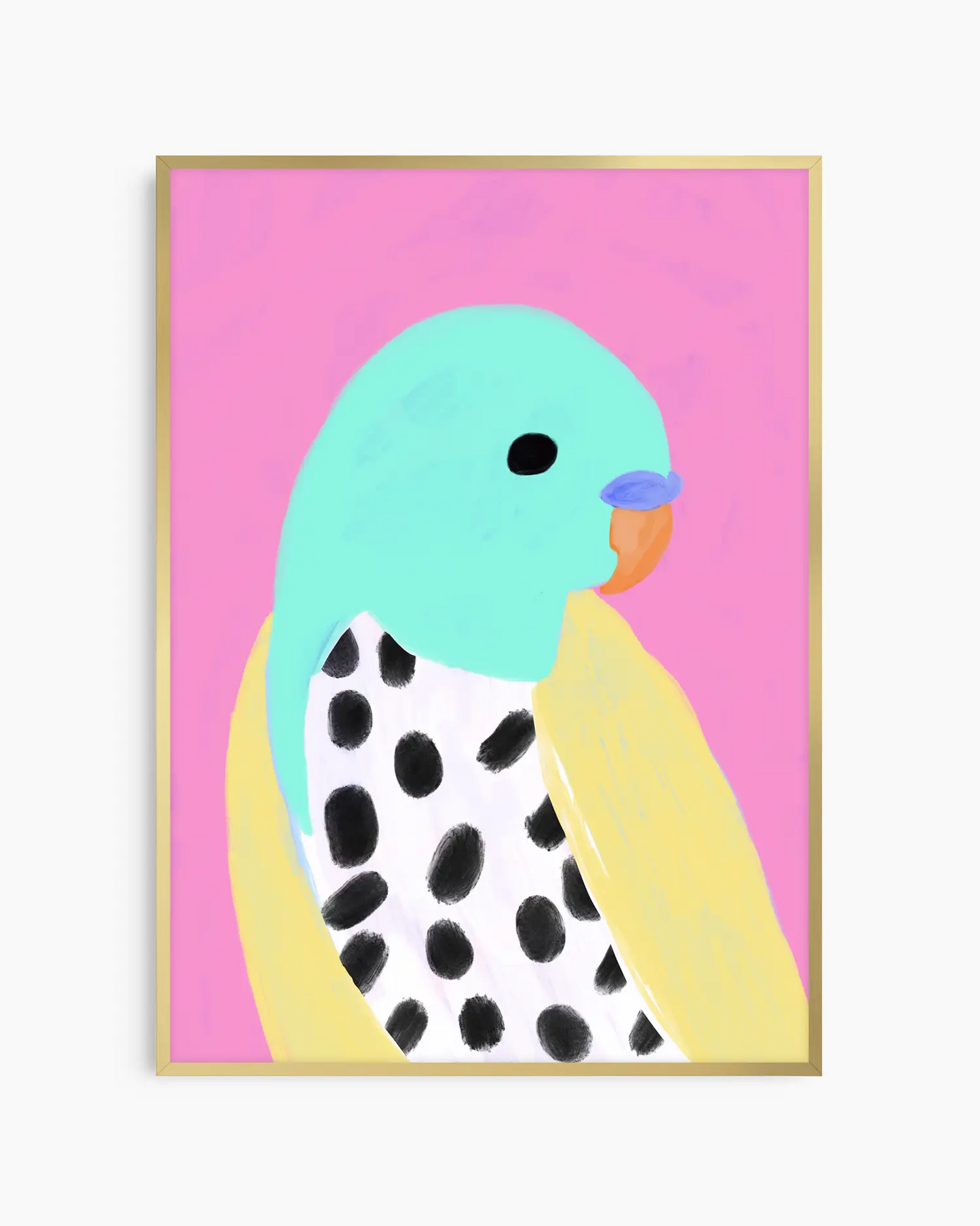 Framed artwork of a colorful bird with a pink background