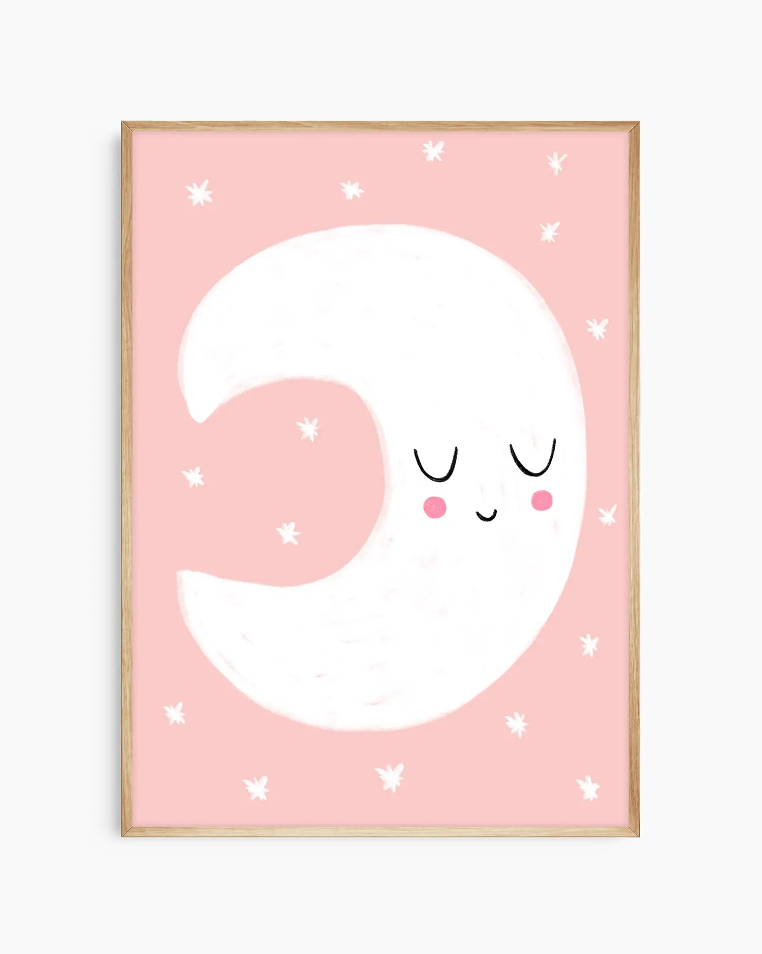 Framed artwork of a smiling moon on a pink background with white stars.