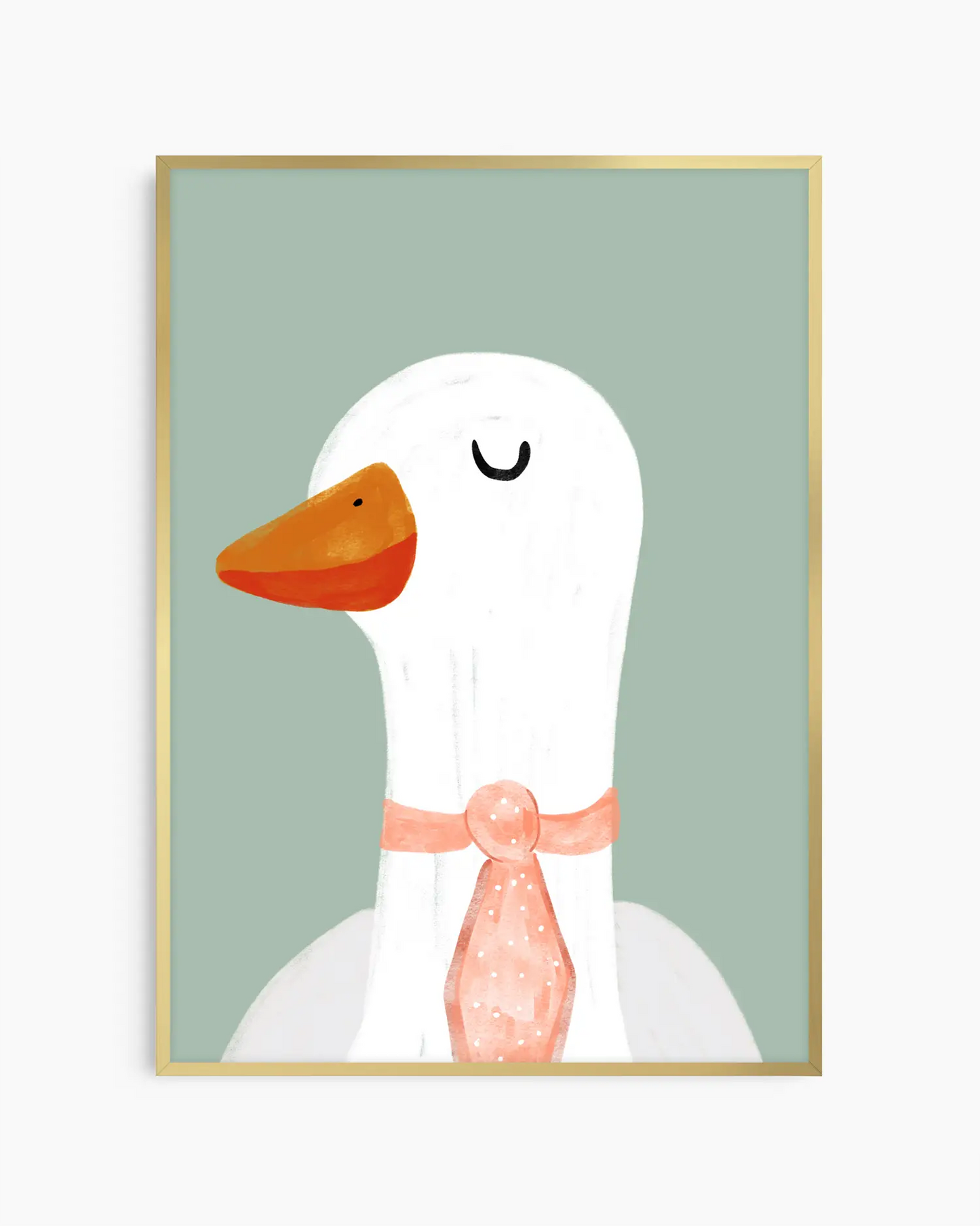 Framed artwork of a cartoon duck with a pink bow tie on a light green background
