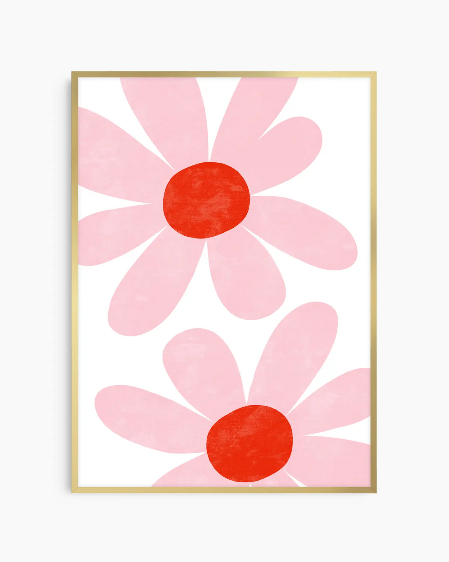 Framed artwork of two pink flowers with red centers on a white background