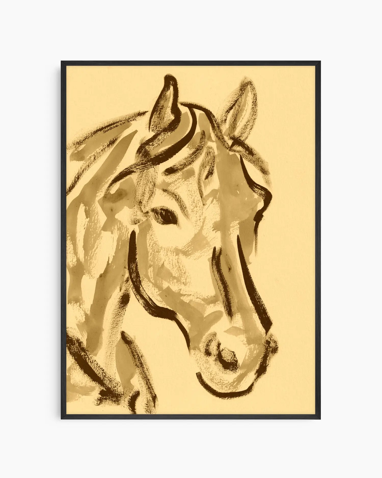 Framed artwork of a horse's head on a beige background