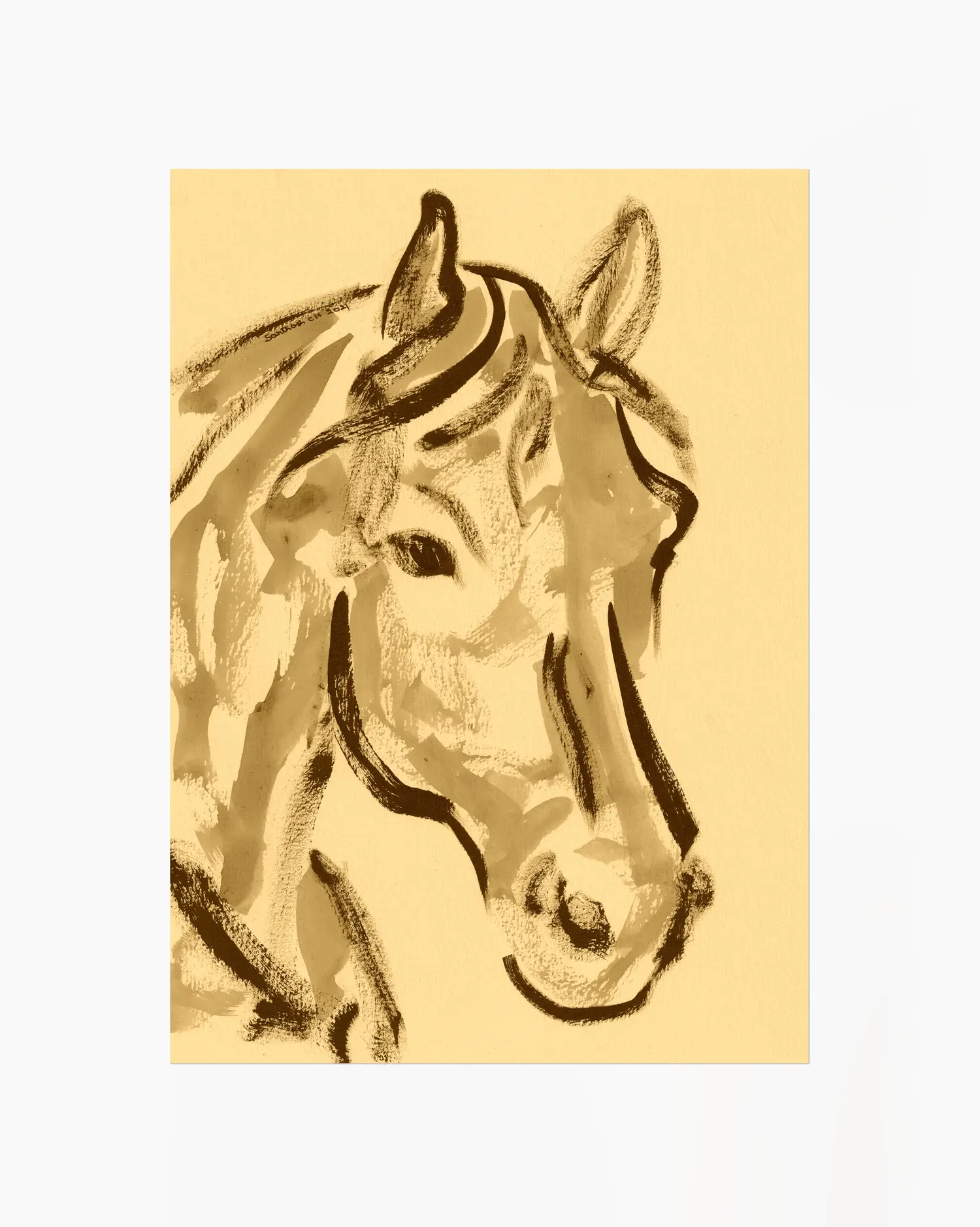 Artistic depiction of a horse's head on a beige background