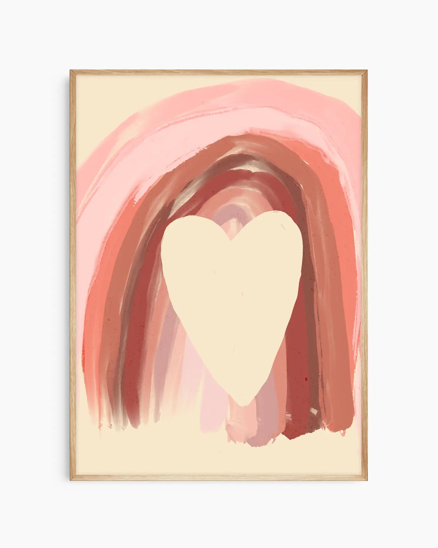 Framed abstract art with a heart shape and pink arch on a beige background
