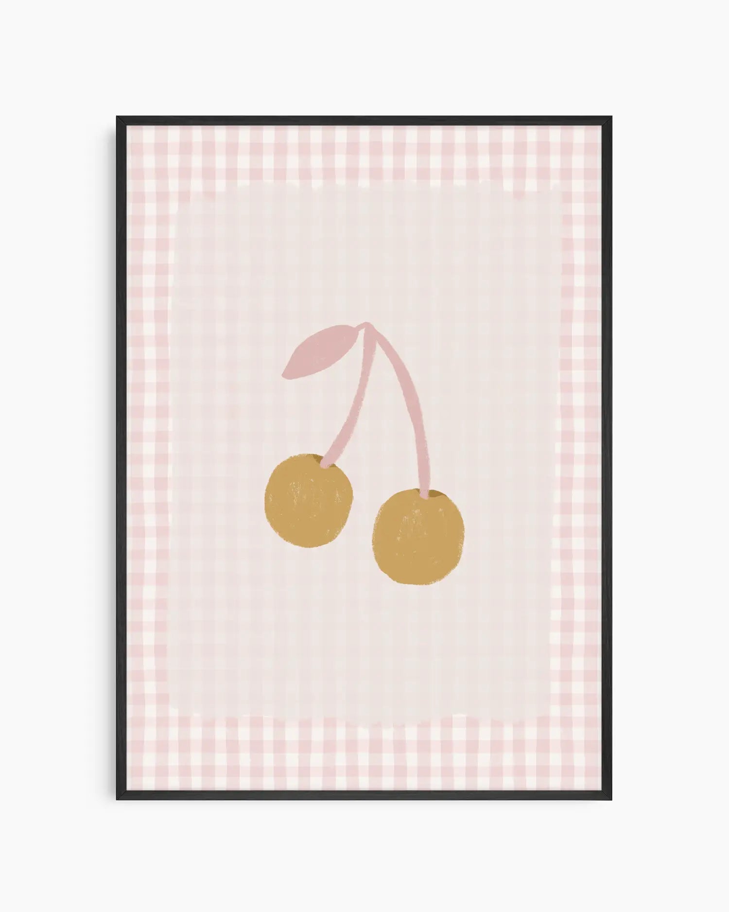 Framed artwork with two cherries on a pink checkered background