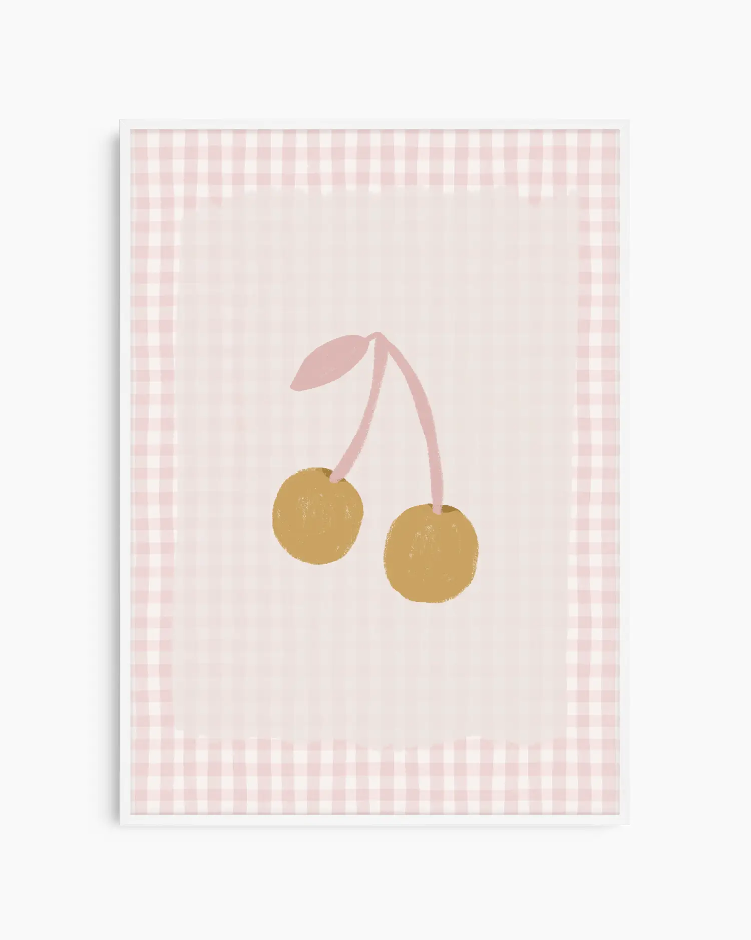 Illustration of cherries on a pink gingham background