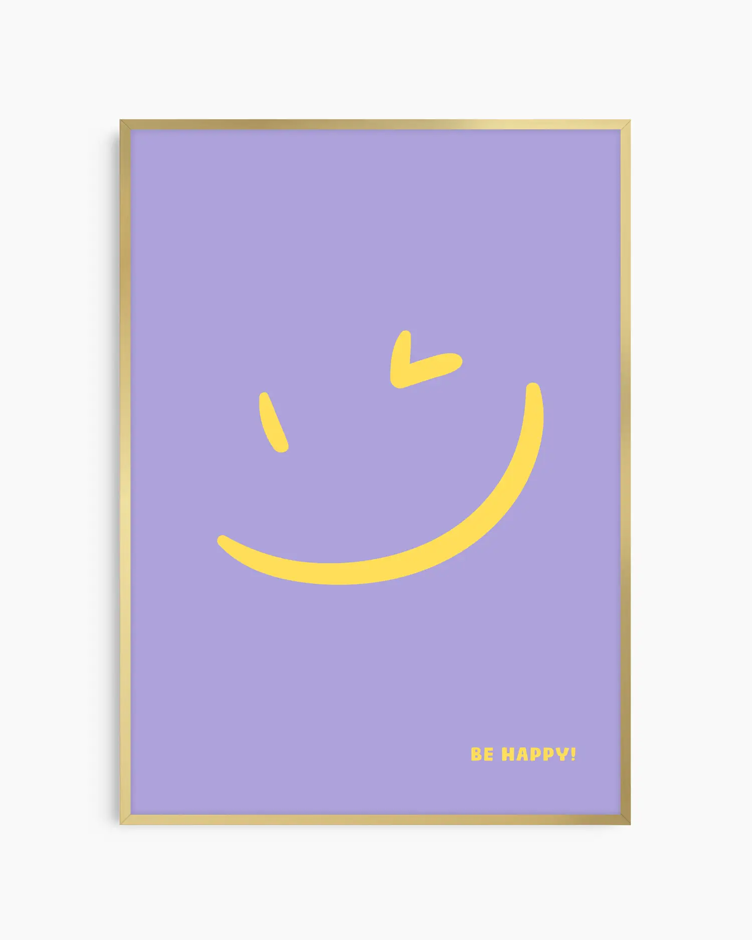 Nursery poster with a yellow smiley face and 'BE HAPPY!' text on a purple background framed in a gold frame.