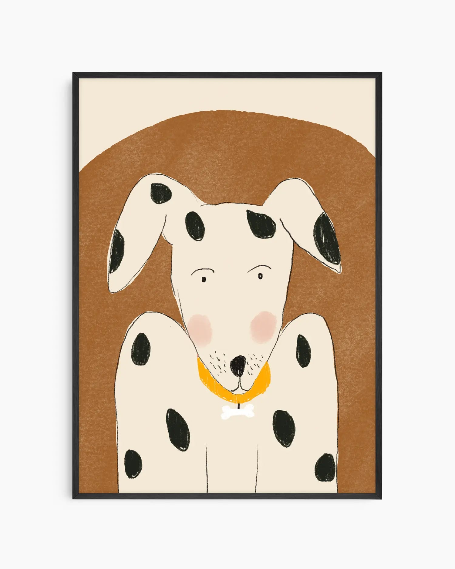 Framed artwork of a dalmatian dog with a brown background