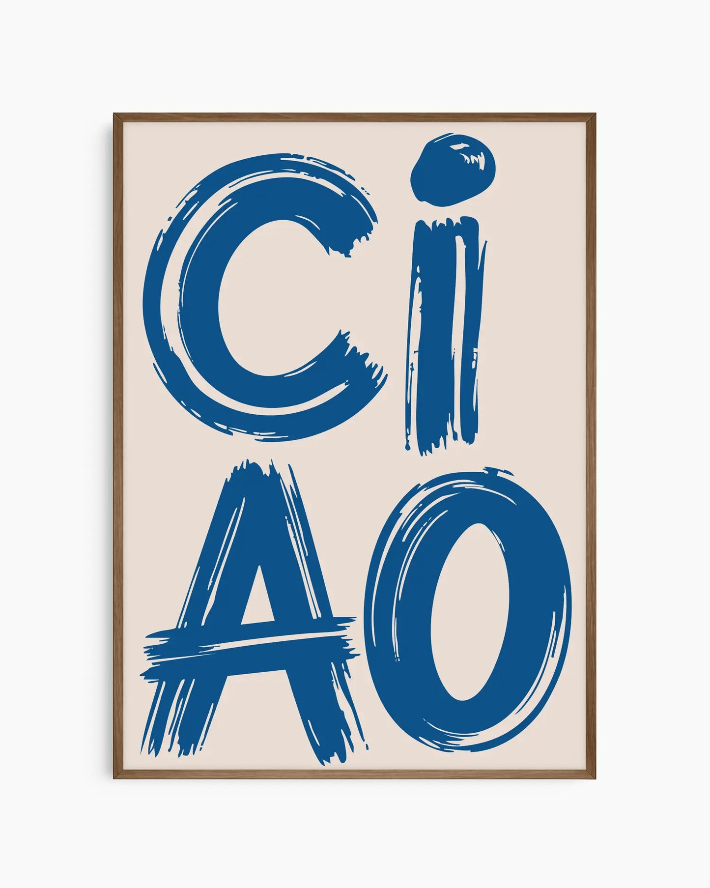 Nursery poster with 'CIAO' in blue on a beige background, framed in a smoked oak wooden frame.