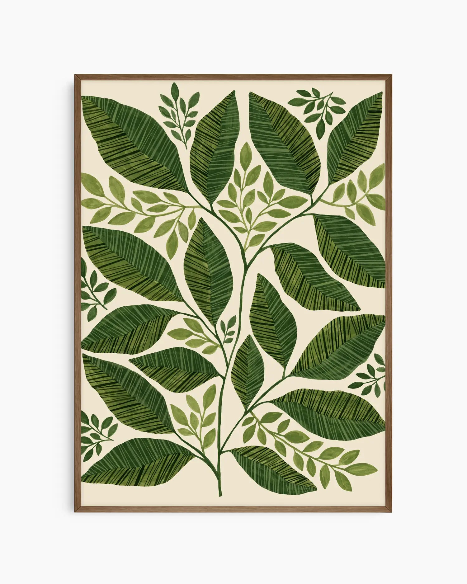 Framed artwork with green leaf pattern on a beige background