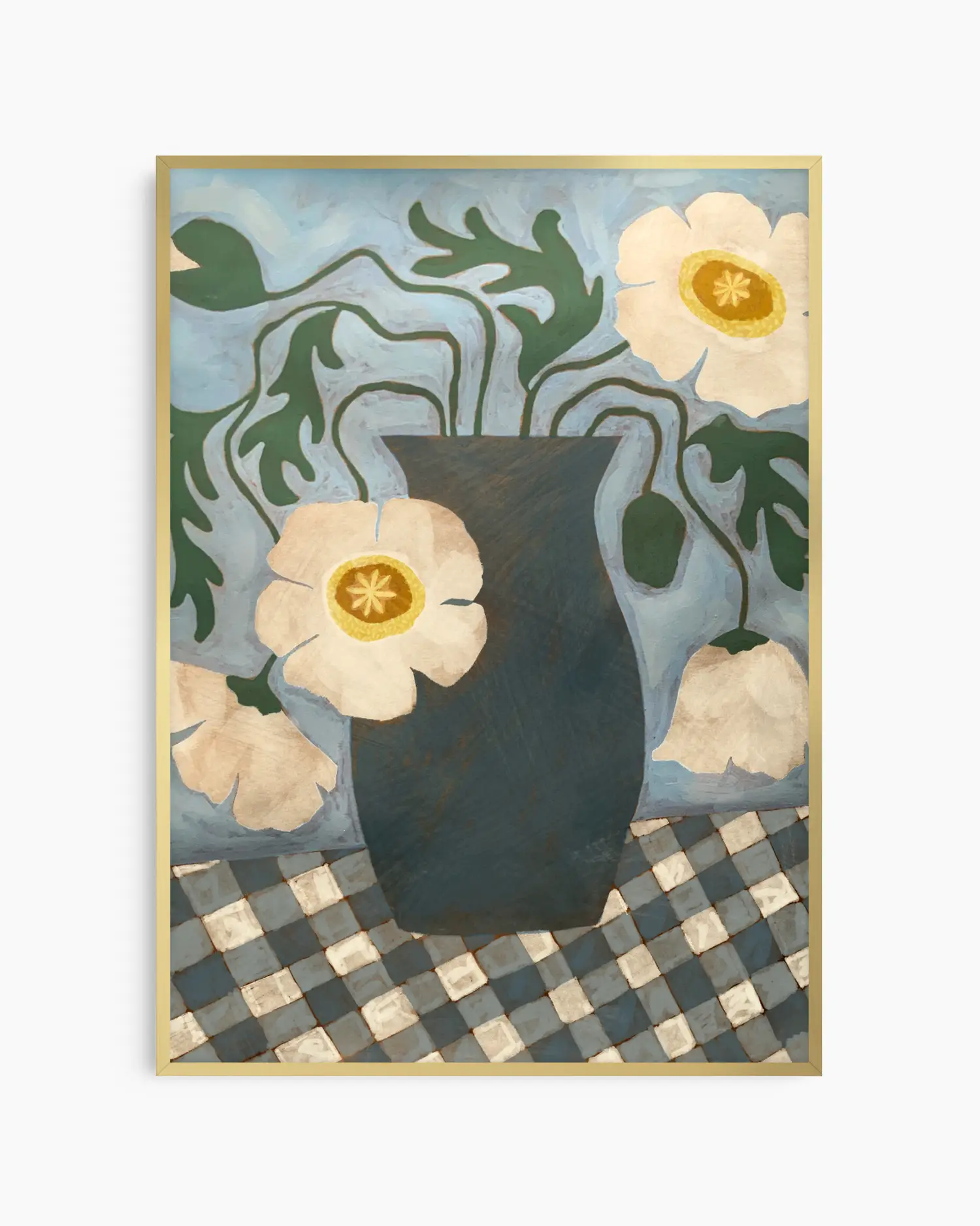 Framed artwork with a black vase and white flowers on a checkered background