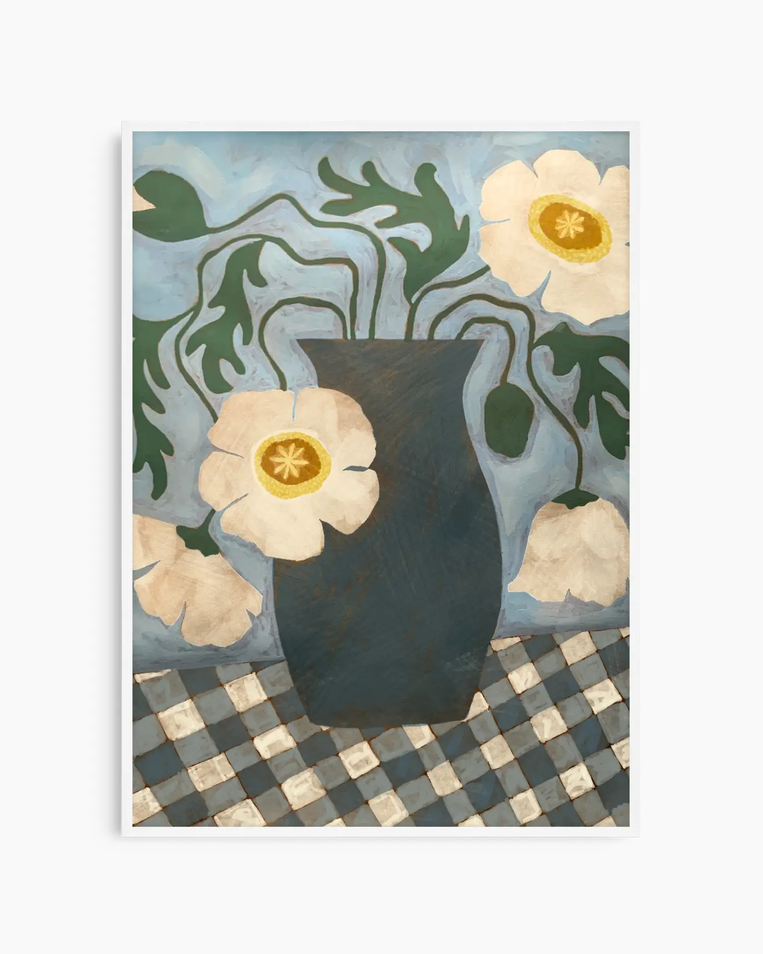 Decorative print with a vase and flowers on a checkered floor against a blue wall.