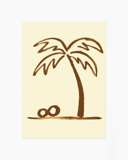 Simple drawing of a palm tree with a sand dollar at its base on a beige background